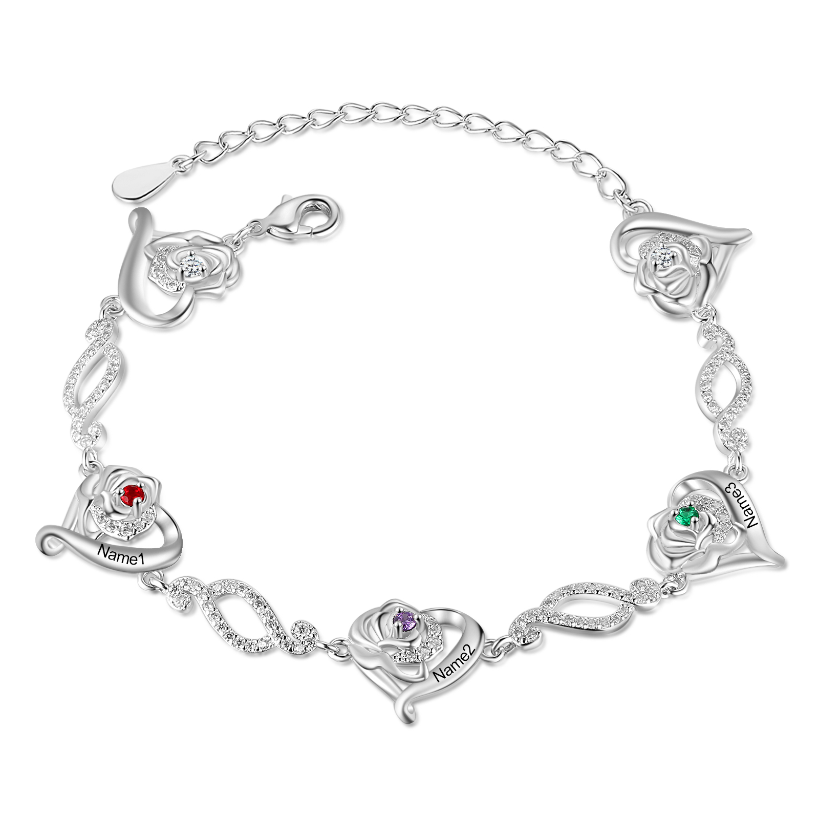 Flowers Bracelet Personalised 3 Birthstones Bracelet Engraved Names Flowers Charm Gifts For Her-Jessemade AU