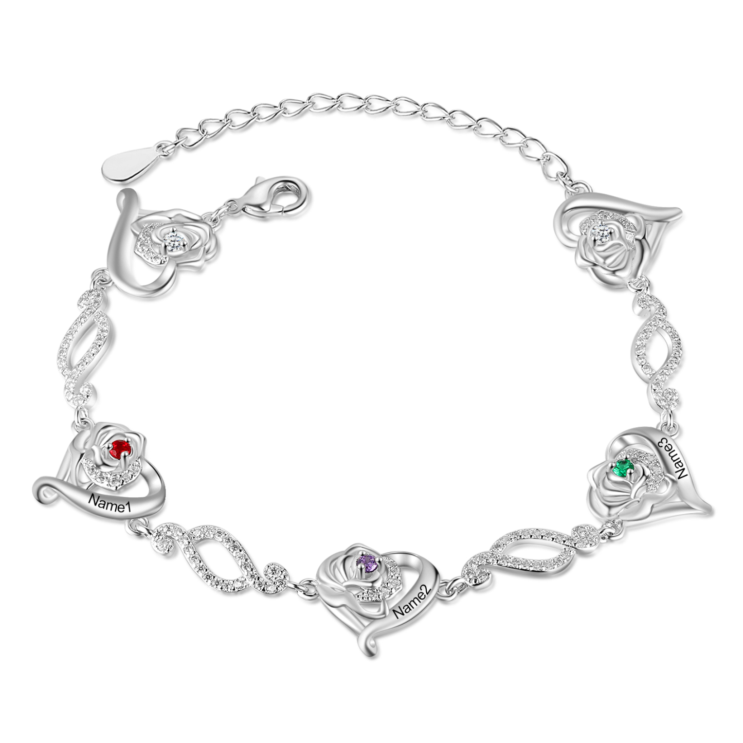 Flowers Bracelet Personalised 3 Birthstones Bracelet Engraved Names Flowers Charm Gifts For Her-Jessemade AU