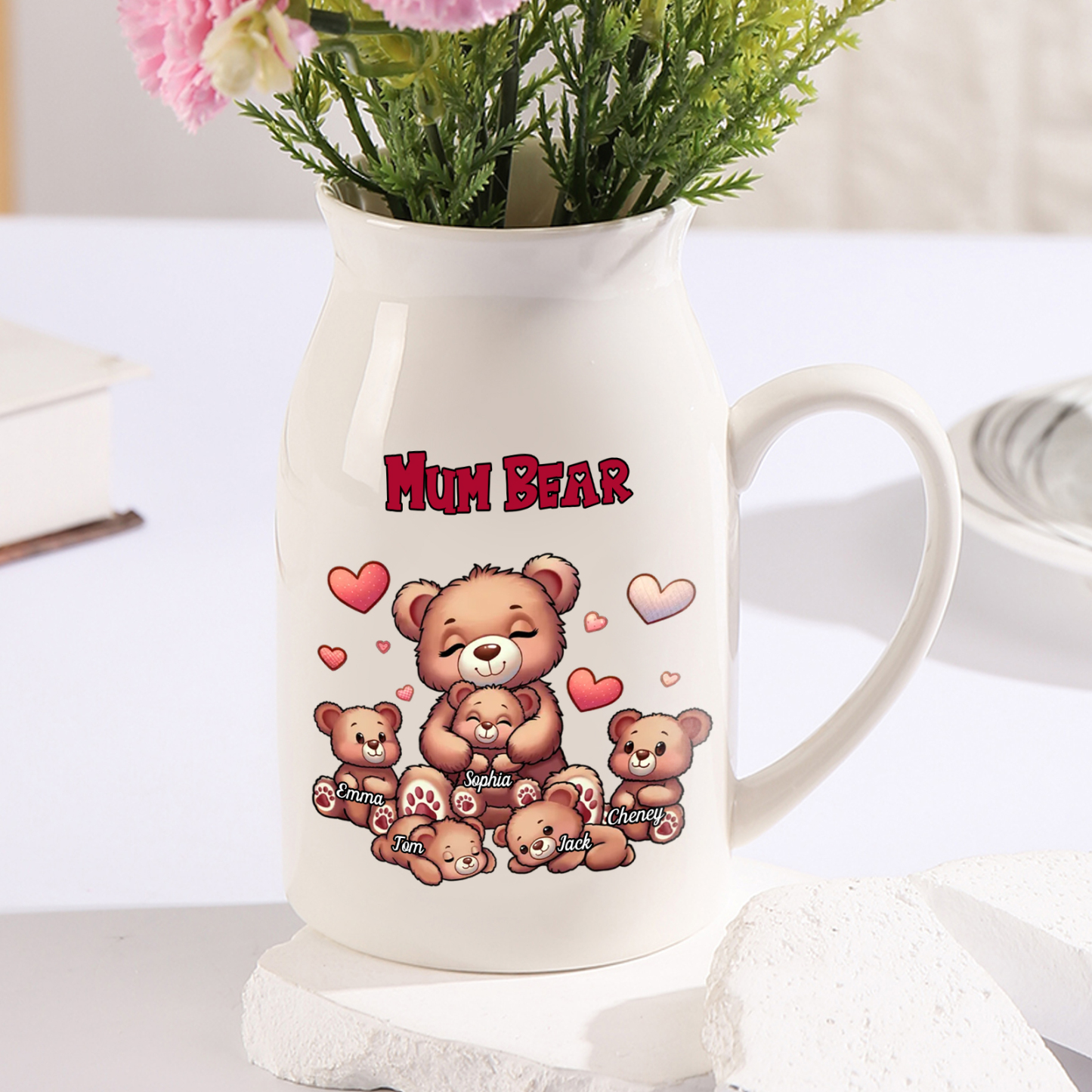 Personalised Ceramic Flower Vase Custom 2–8 Names & 1 Text Bear Family Vase Gift for Mother/Grandma-Jessemade AU