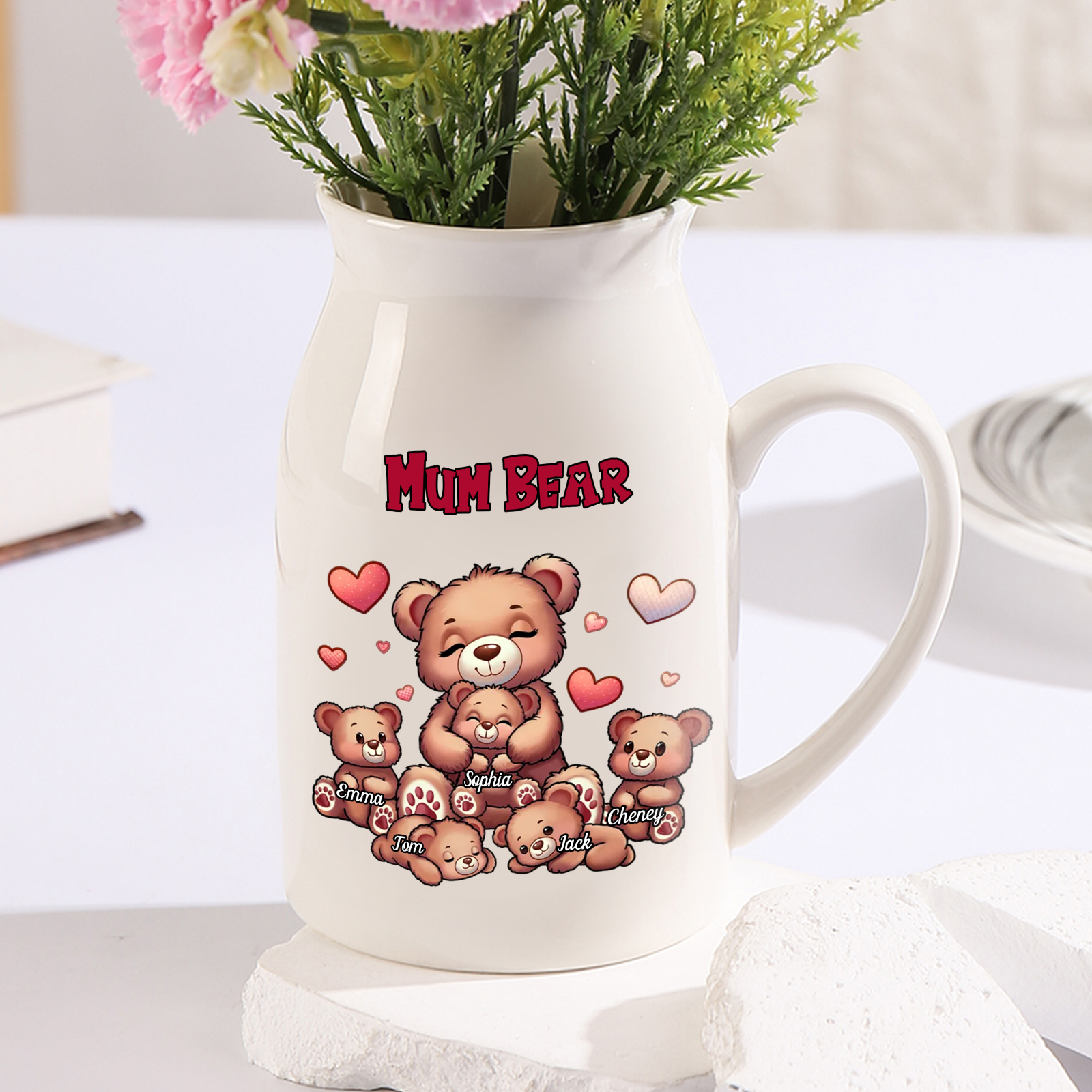 Personalised Ceramic Flower Vase Custom 2–8 Names & 1 Text Bear Family Vase Gift for Mother/Grandma-Jessemade AU