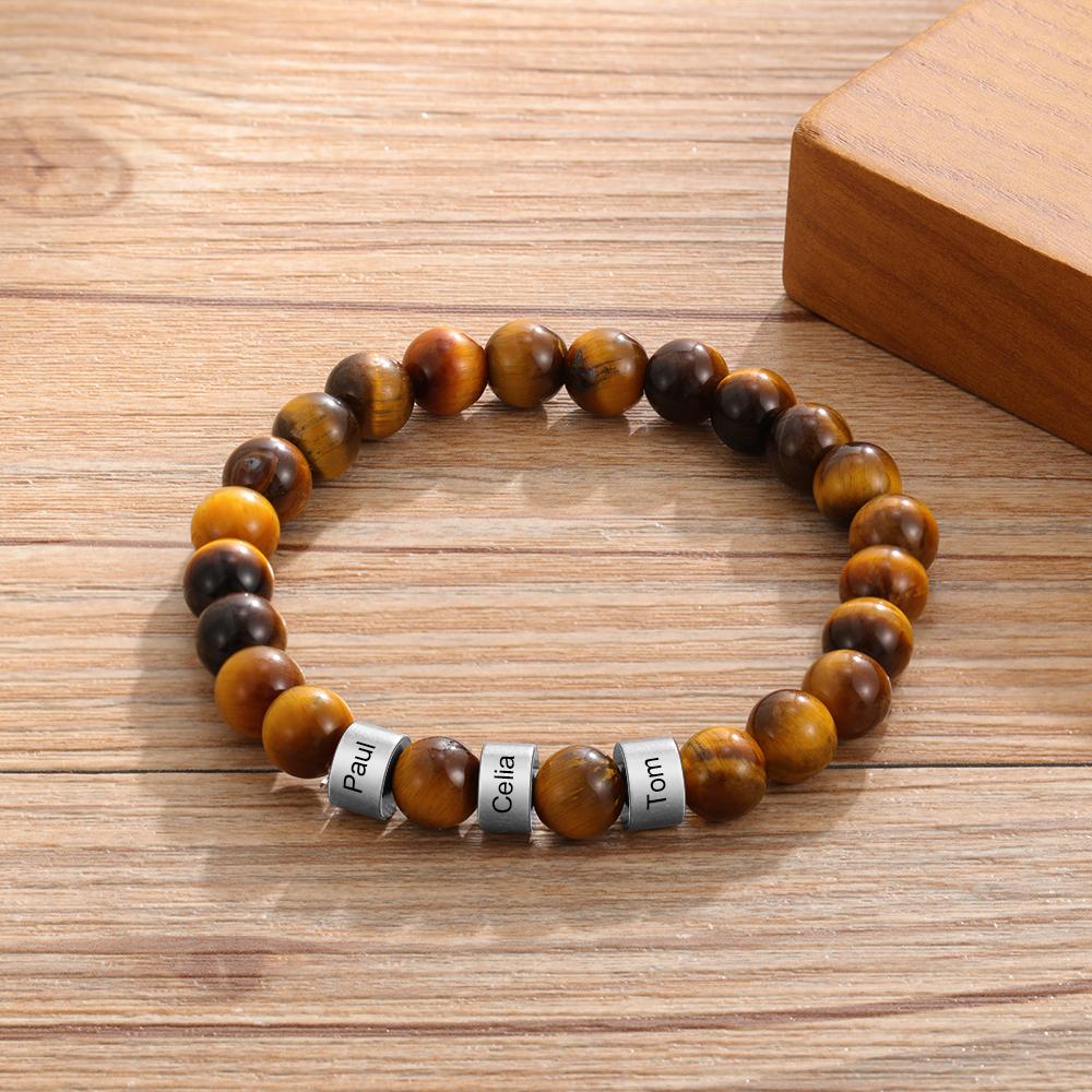 Brown Tiger Eye Men's  3 Name Bracelet Gift For Him-Jessemade AU