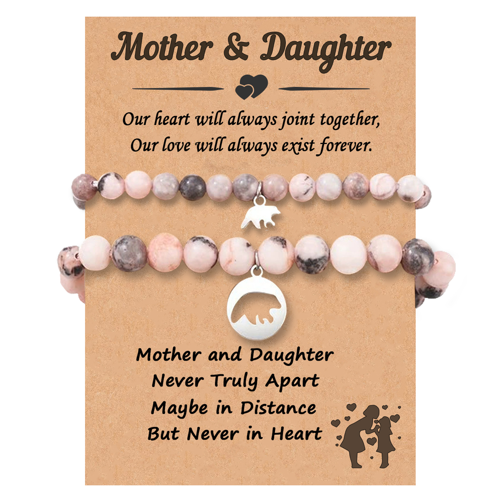 2 Pcs Bracelet Set Heart Pendant Adjustable Bracelets with Message Card Gifts for Her - Mother and Daughter Never Truly Apart-Jessemade AU