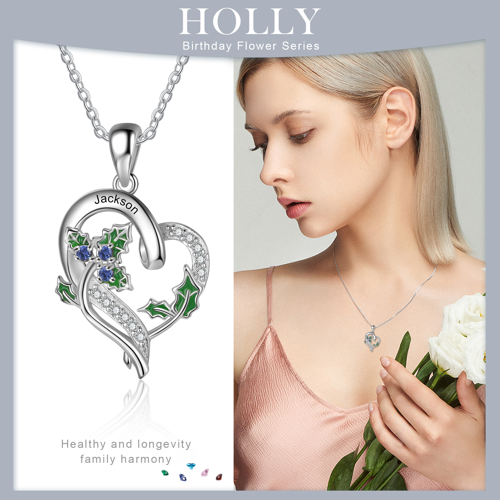 Personalised December  Birthflower Necklace With Birthstones Custom 1 Name Necklace For Her-Jessemade AU