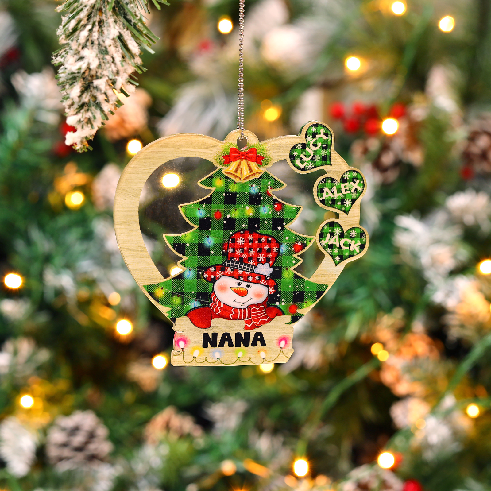 3 Names - Personalised Heart Christmas Tree Ornament Customised Name & Text Acrylic Snowman Hanging Ornaments Gift for Family-Jessemade AU