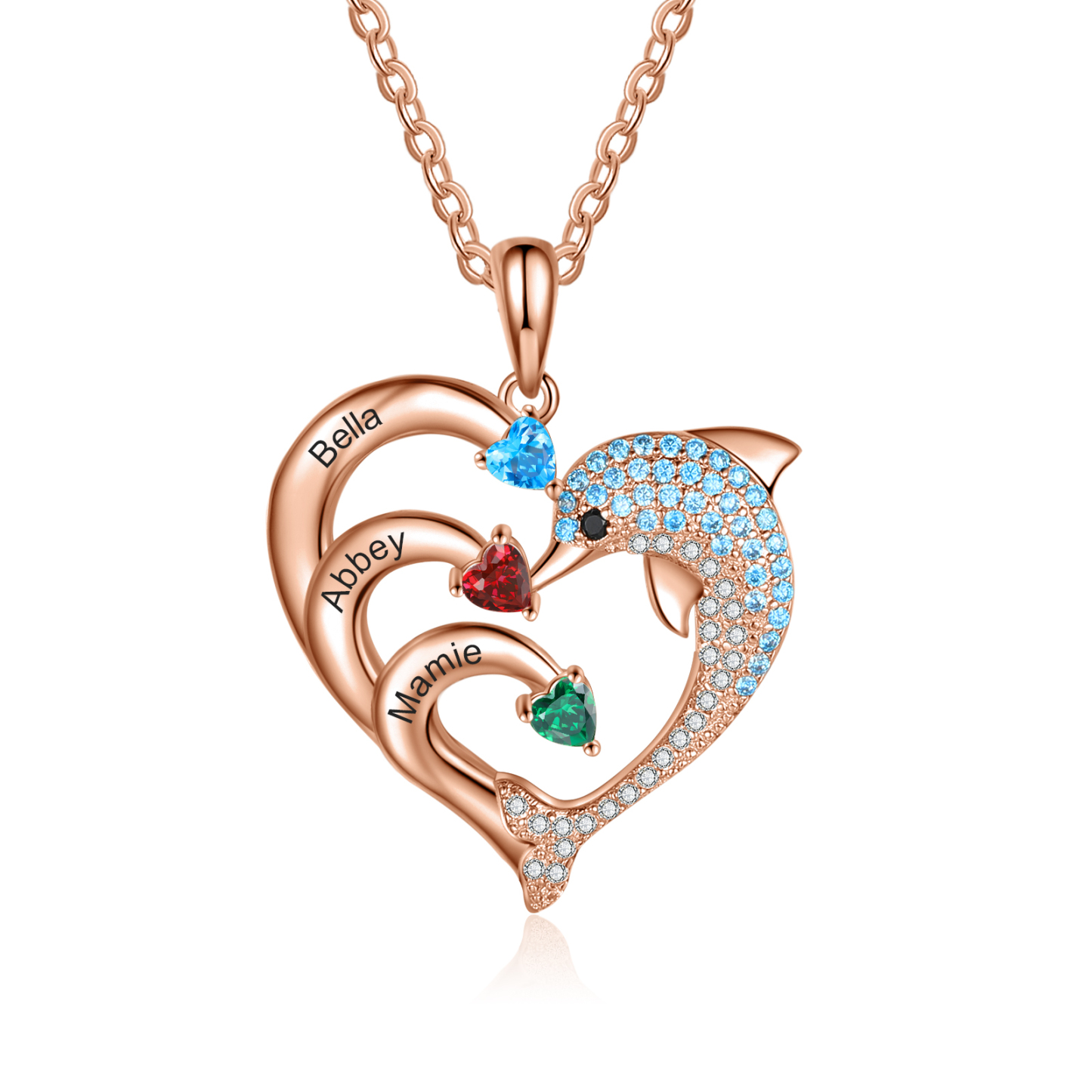 Personalised Heart Dolphin Necklace With 3 Birthstones Engraved Names Gift For Her-Jessemade AU