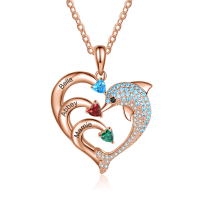 Personalised Heart Dolphin Necklace With 3 Birthstones Engraved Names Gift For Her-Jessemade AU