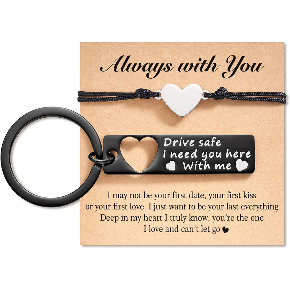 Matching Keychain Bracelet Set Heart Keychain Adjustable Bracelet with Message Card Gifts for Couple - Drive Safe I Need You Here With Me-Jessemade AU