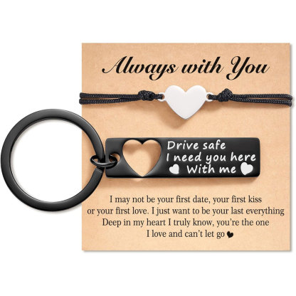 Matching Keychain Bracelet Set Heart Keychain Adjustable Bracelet with Message Card Gifts for Couple - Drive Safe I Need You Here With Me-Jessemade AU