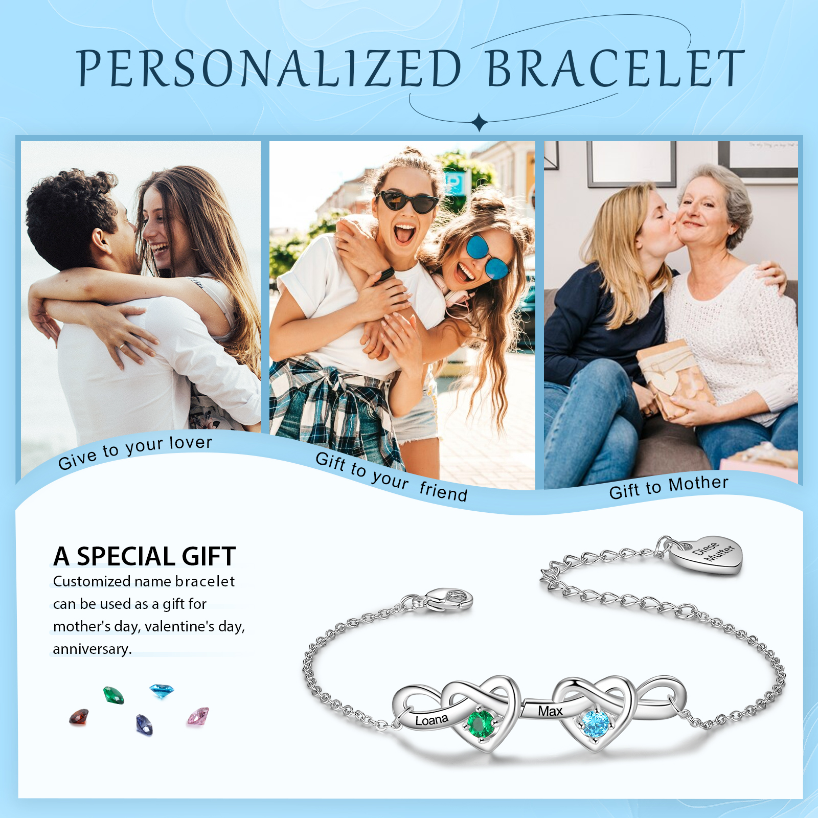 2 Names - Personalised Linked Heart Bracelet Custom Names & Birthstones & Text Bracelets Birthday Gift For Her-Jessemade AU