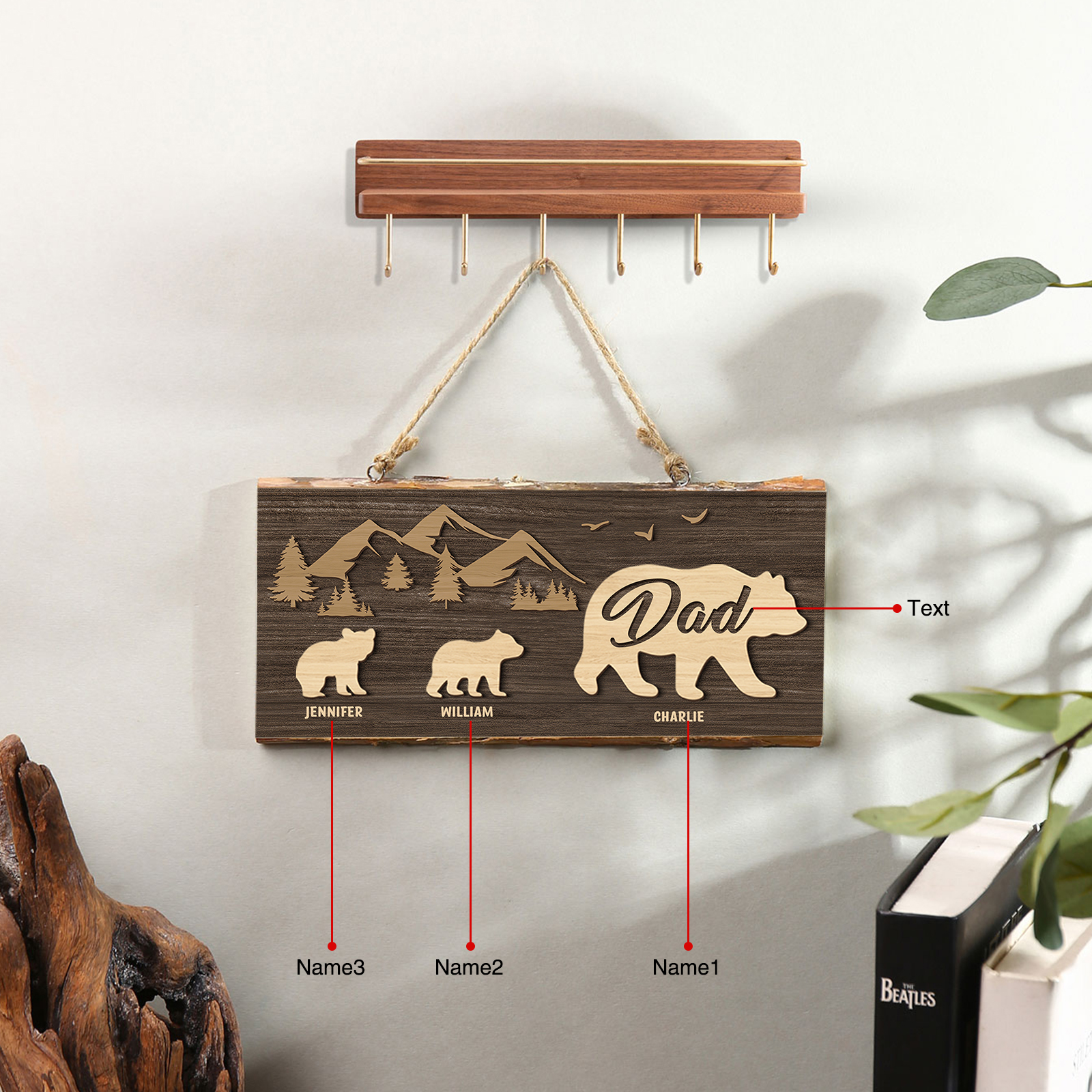 Personalised 3 Names & 1 Text Rectangle Hanging Ornament Custom Bear Family Wooden Sign Home Decor Father's Day Gifts-Jessemade AU