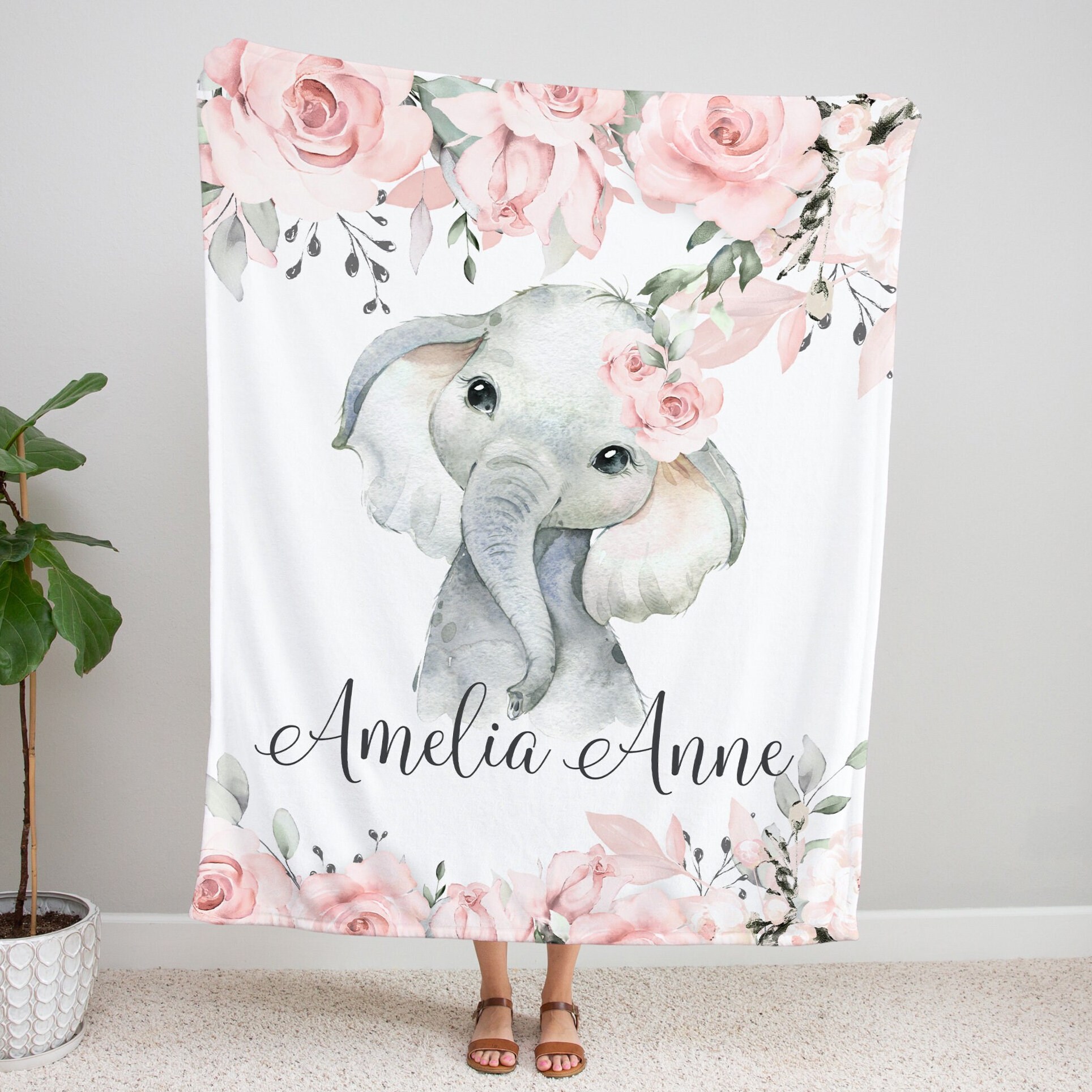 Personalised Pink Floral Elephant Blanket Custom Name Gifts For Baby Girl-Jessemade AU