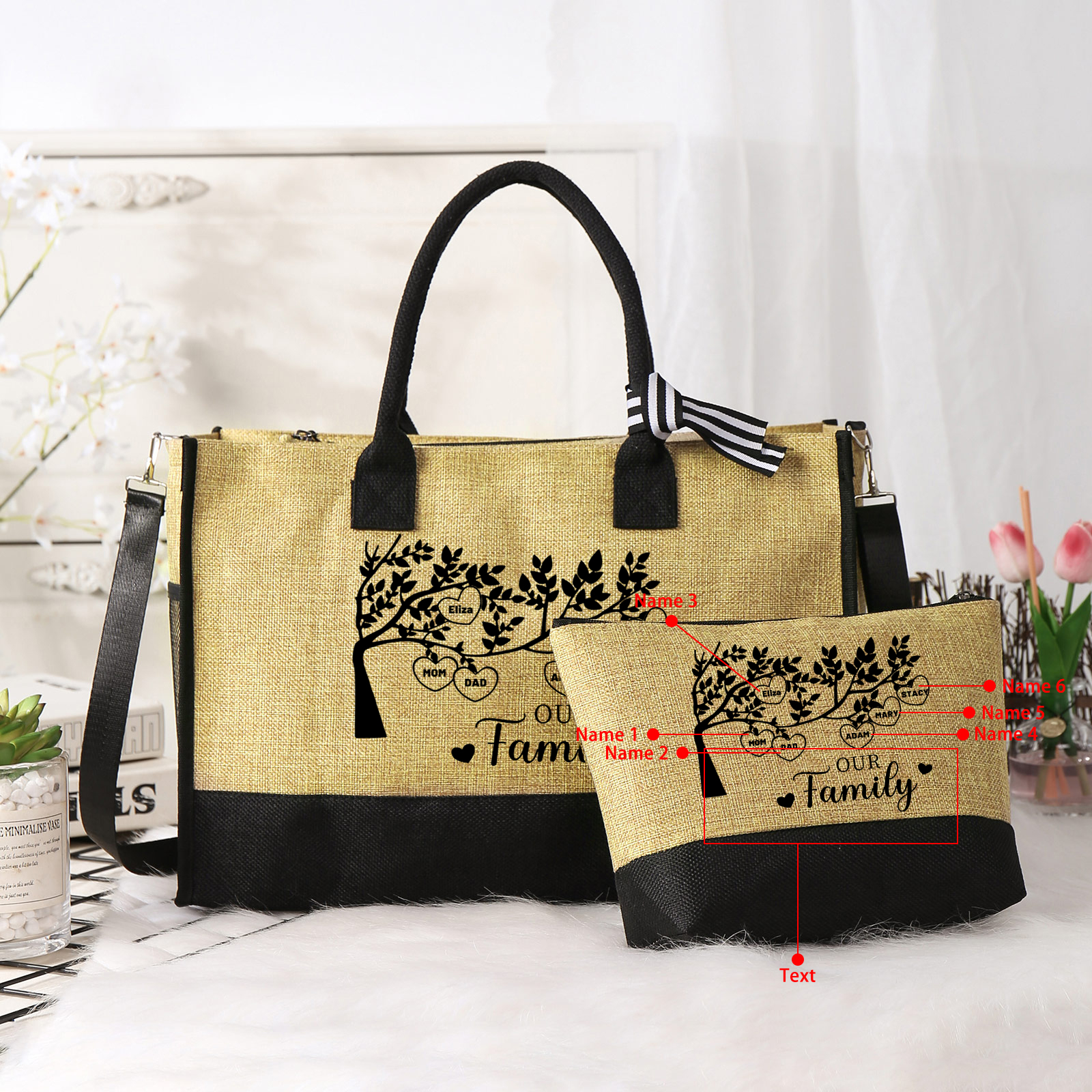Personalised Family Tree Tote Bag Set Custom 6 Names & 1 Text Handbag Large Capacity Shoulder Bag Shopping Bag Zipper Bag Gift for Mother/Grandma-Jessemade AU