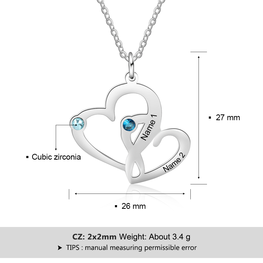 Personalised Heart Necklace With 2 Birthstones Engraved Names Gift For Her-Jessemade AU