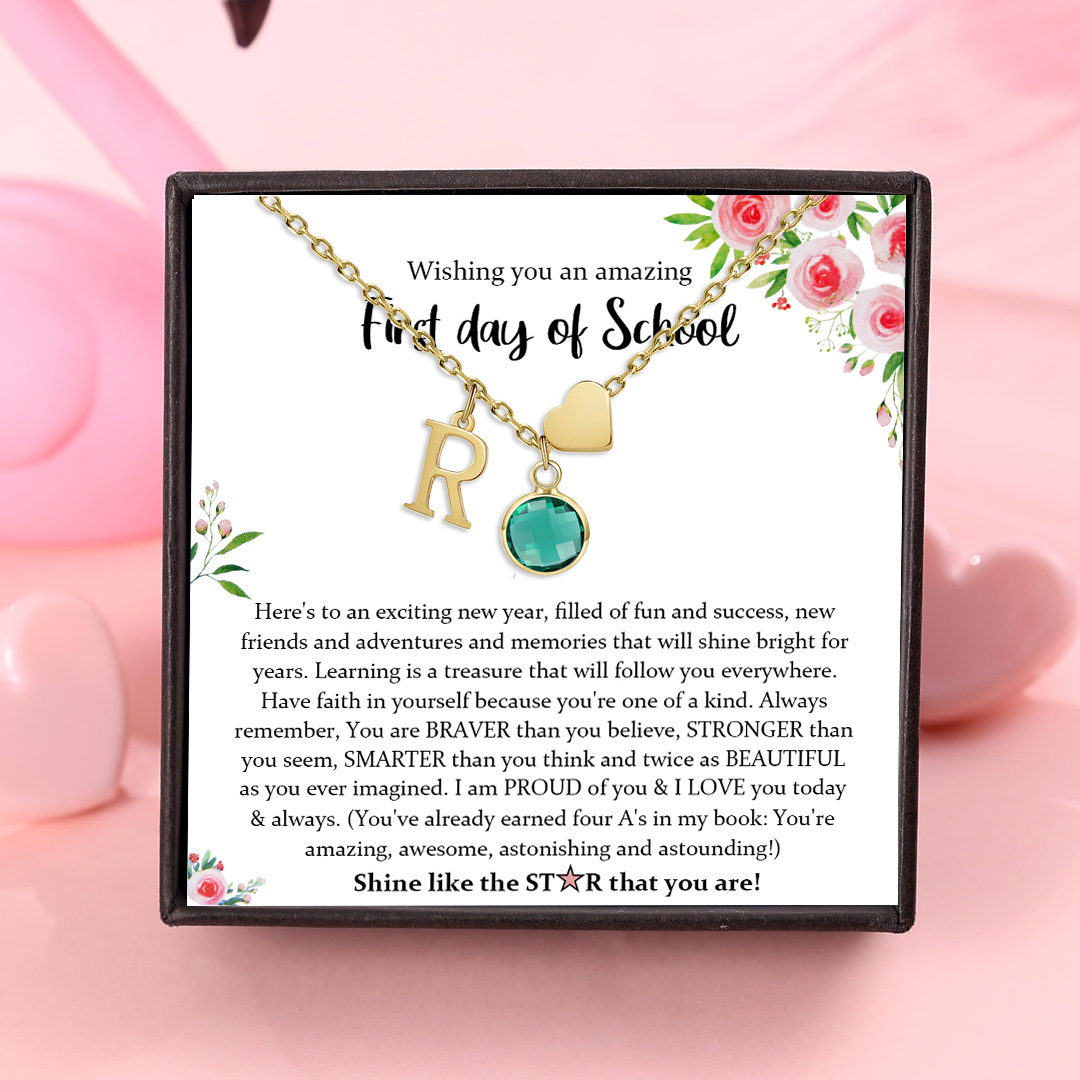Back To School Personalised Heart Necklace Custom Birthstone and Initial Necklace-Jessemade AU