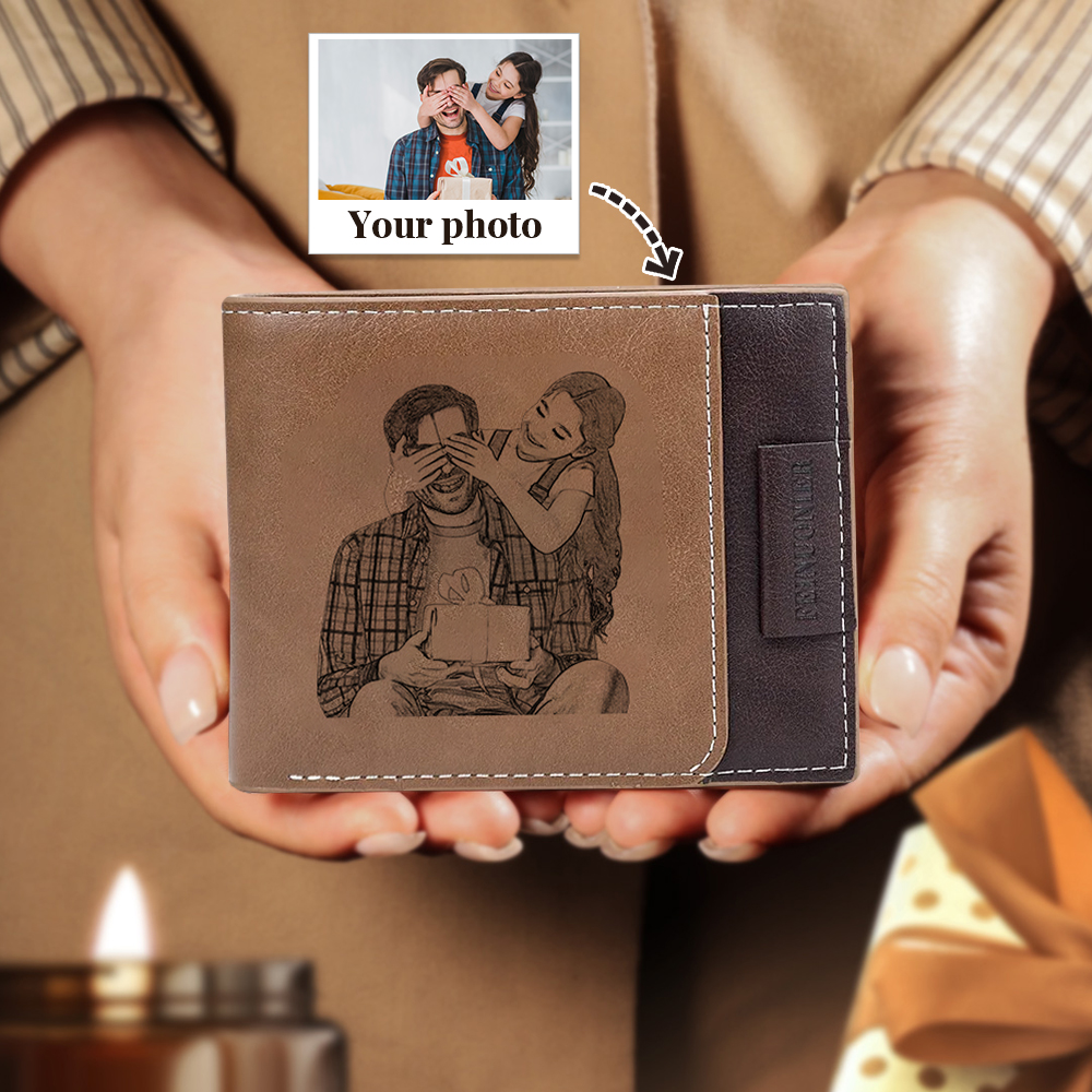 Brown Personalised Leather Wallet Engraved Photo Short Purse Folding Wallet Gifts For Men