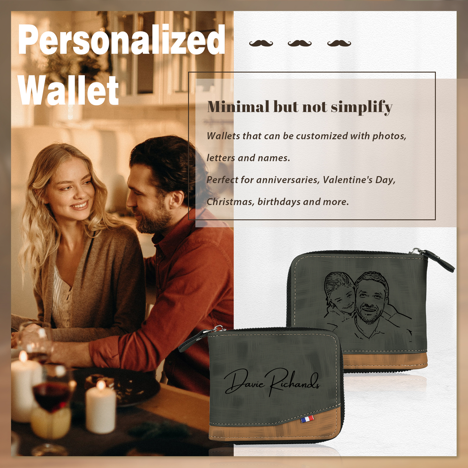Personalised Photo & Text Billfold Wallet Custom Men's Leather Wallet Zipper Gifts for Him-Jessemade AU
