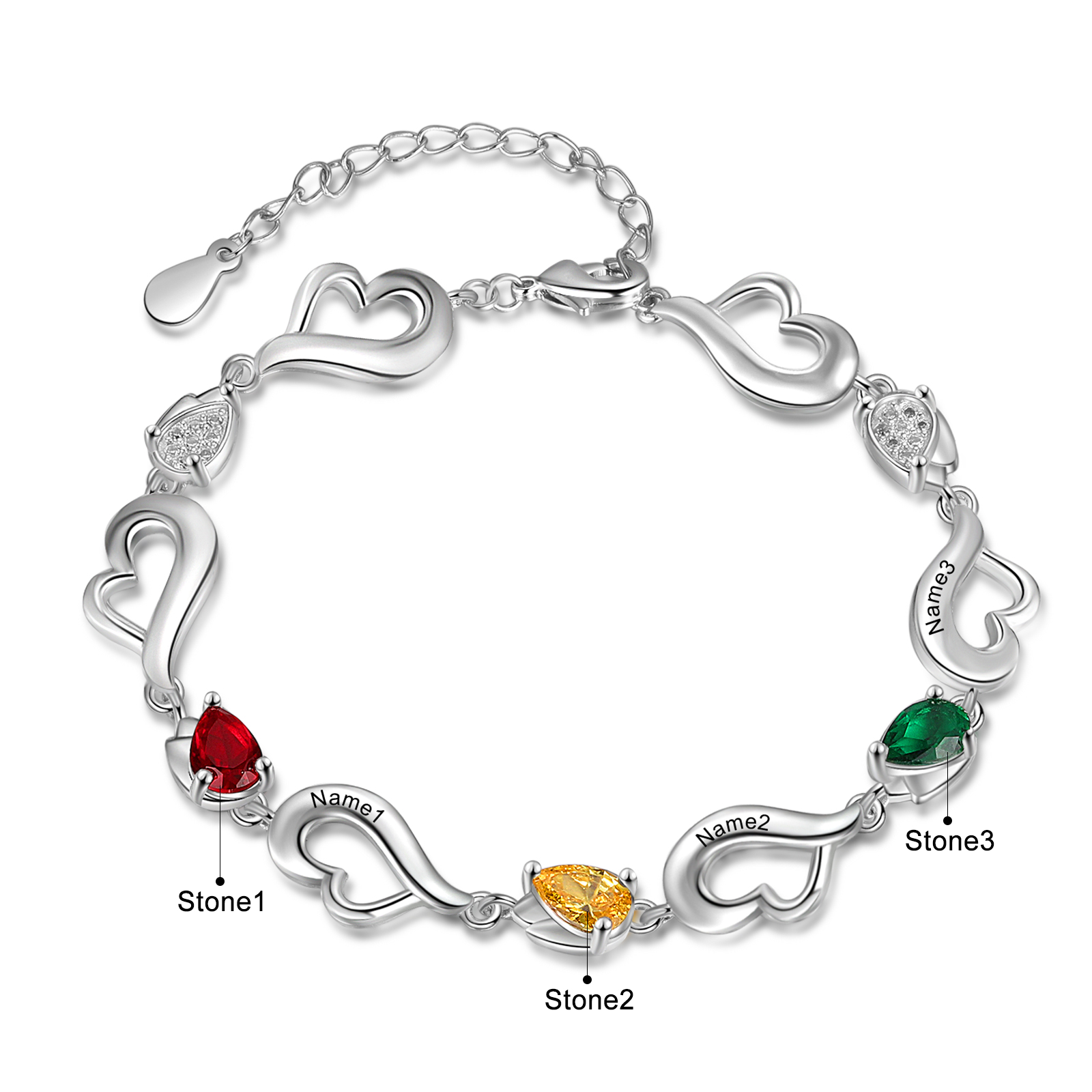 Personalised Heart Bracelet With 3 Birthstones Engraved Name Bracelet Gifts For Her-Jessemade AU