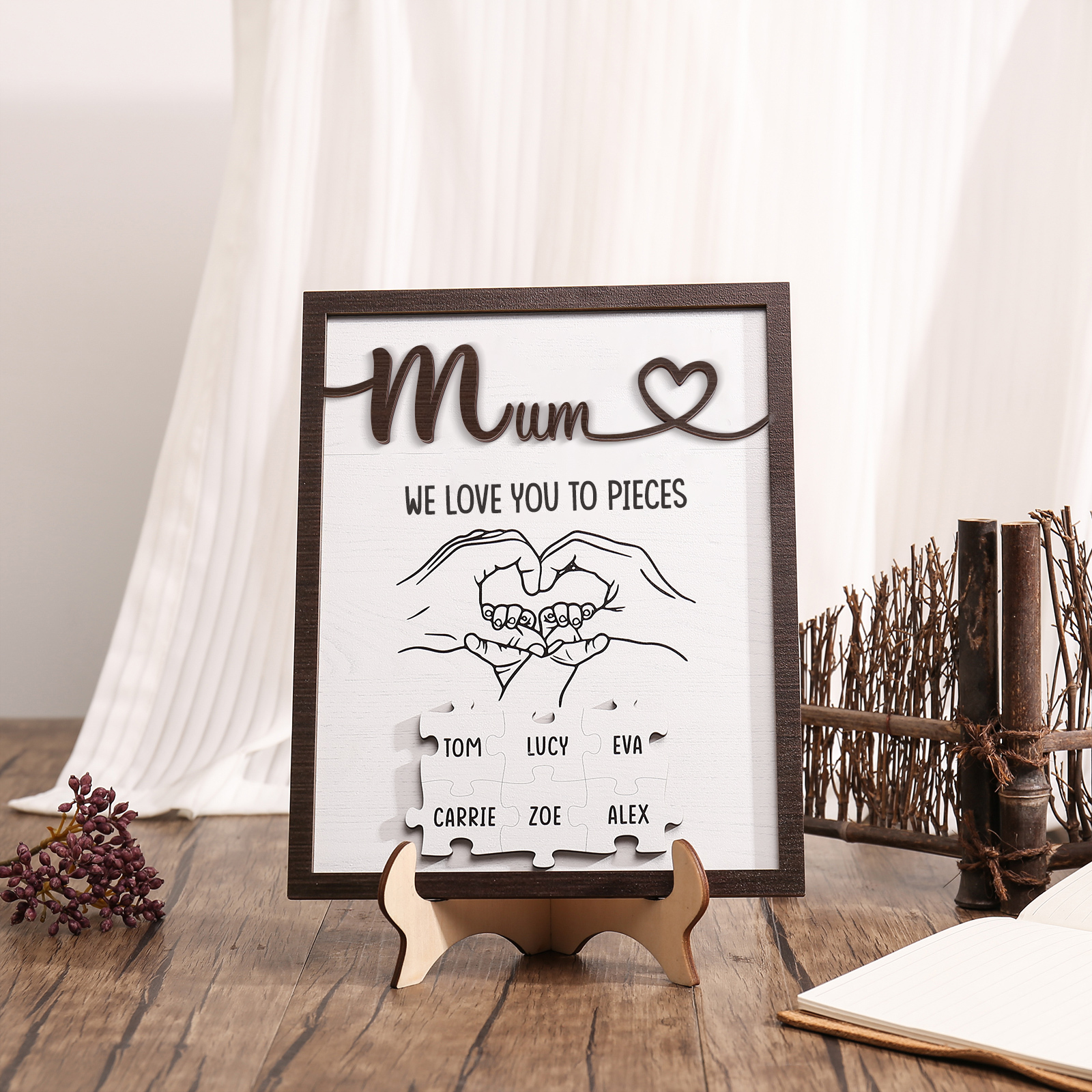 Personalised Puzzle Pieces Wooden Plaque Custom 6 Names & Text & Salutation Holding Hands Family Wooden Sign With Stand Gifts for Mum-Jessemade AU