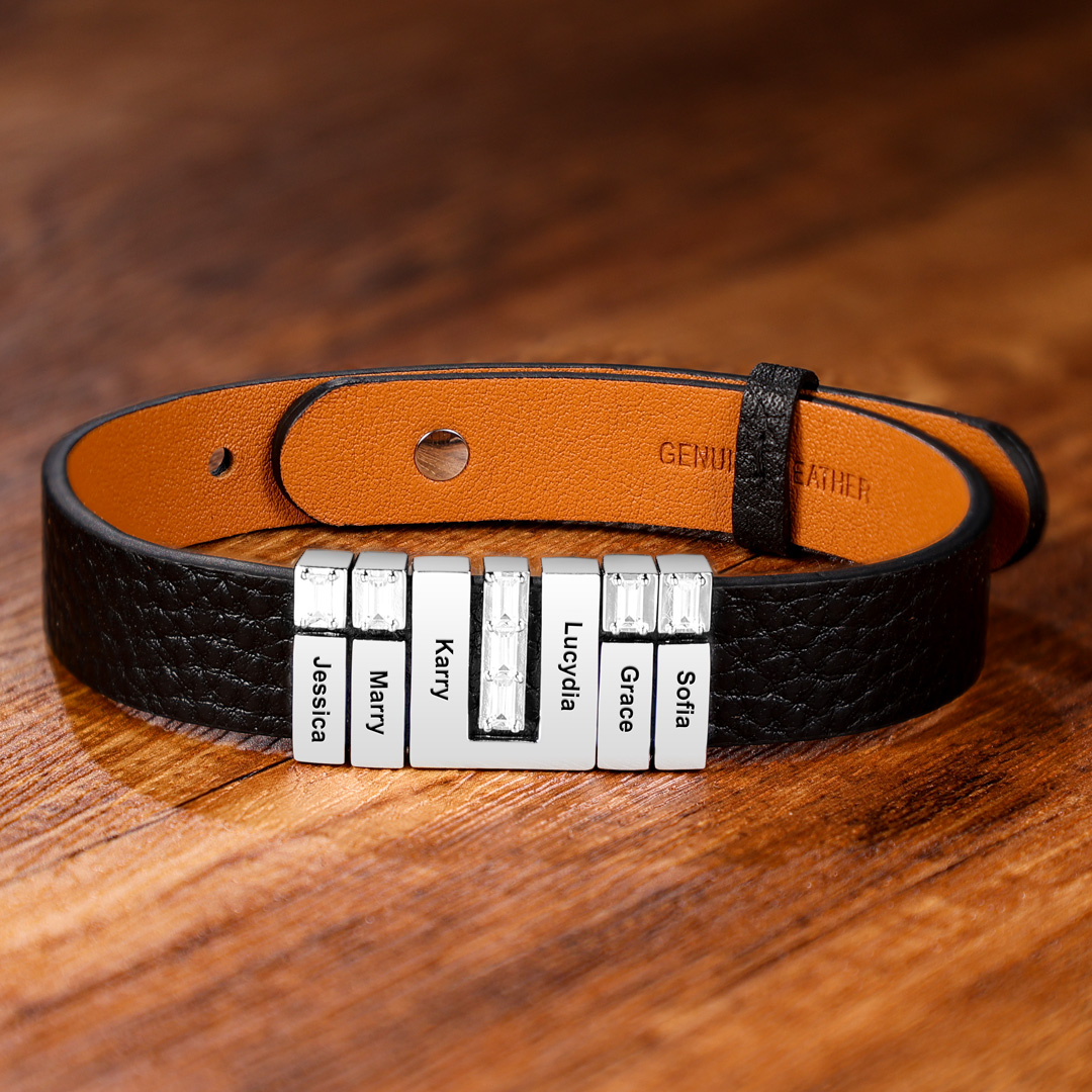Customised Leather Bracelet with Beads Engraved 5 Names Bangle for Him-Jessemade AU