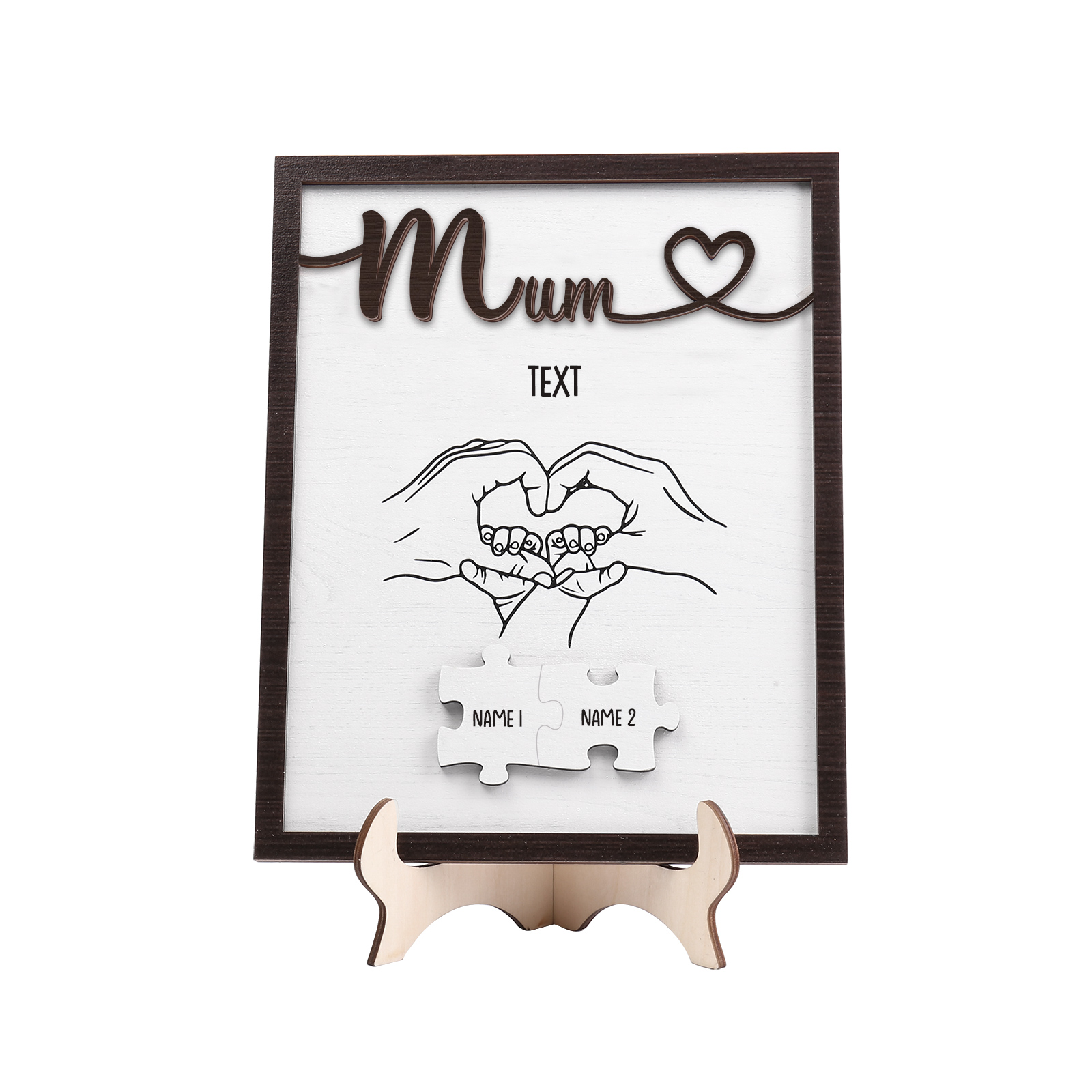 Personalised Puzzle Pieces Wooden Plaque Custom 2 Names & Text & Salutation Holding Hands Family Wooden Sign With Stand Gifts for Mum-Jessemade AU