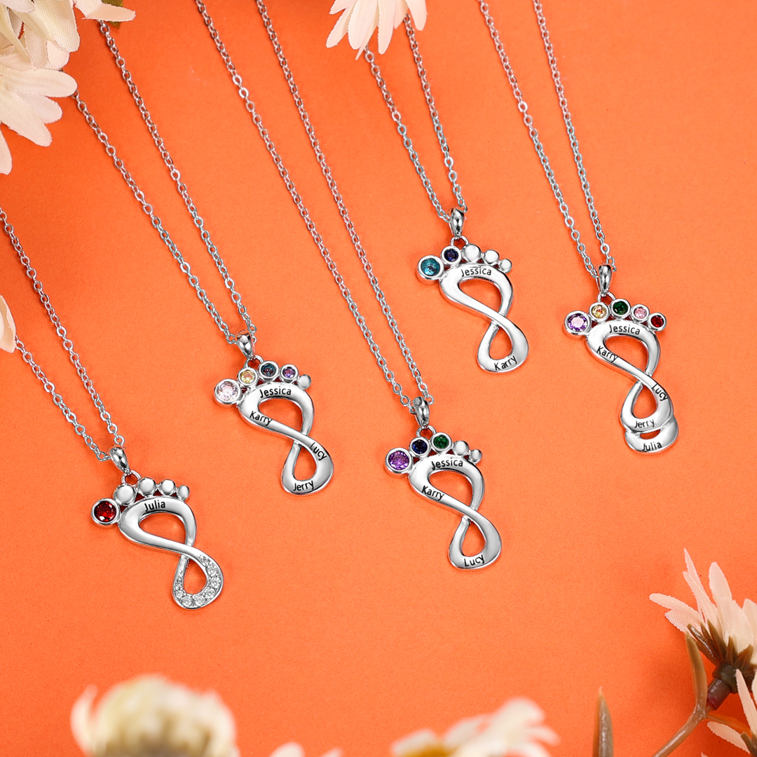 Personalised Baby Foot Necklace With 1 Birthstone Engraved Family Name Gift For Mother-Jessemade AU