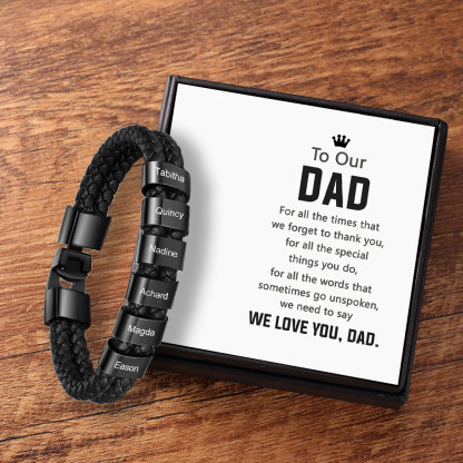 Personalised Braided Leather Mens Bracelet With Custom Engraved 6 Kids Names - Father's Day Gift for Dad | Jessemade-Jessemade AU