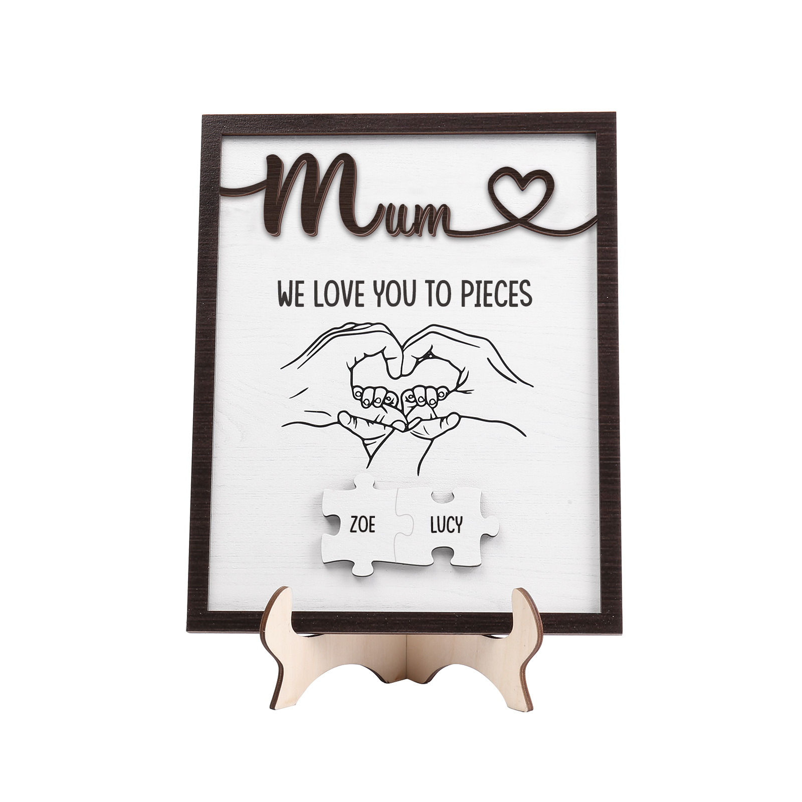 Personalised Puzzle Pieces Wooden Plaque Custom 2 Names & Text & Salutation Holding Hands Family Wooden Sign With Stand Gifts for Mum-Jessemade AU