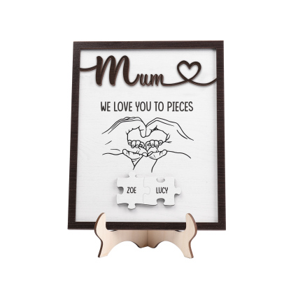 Personalised Puzzle Pieces Wooden Plaque Custom 2 Names & Text & Salutation Holding Hands Family Wooden Sign With Stand Gifts for Mum-Jessemade AU