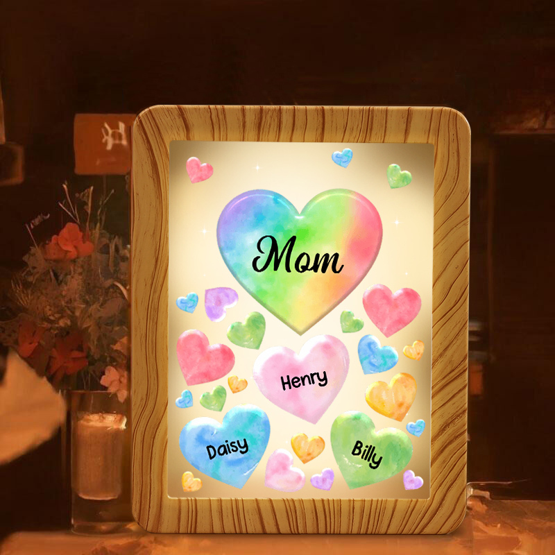 Personalised Night Light Mirror Frame Custom 1 Text & 3 Names Colourful Hearts Family LED Lamp Gift for Grandma/Mother-Jessemade AU