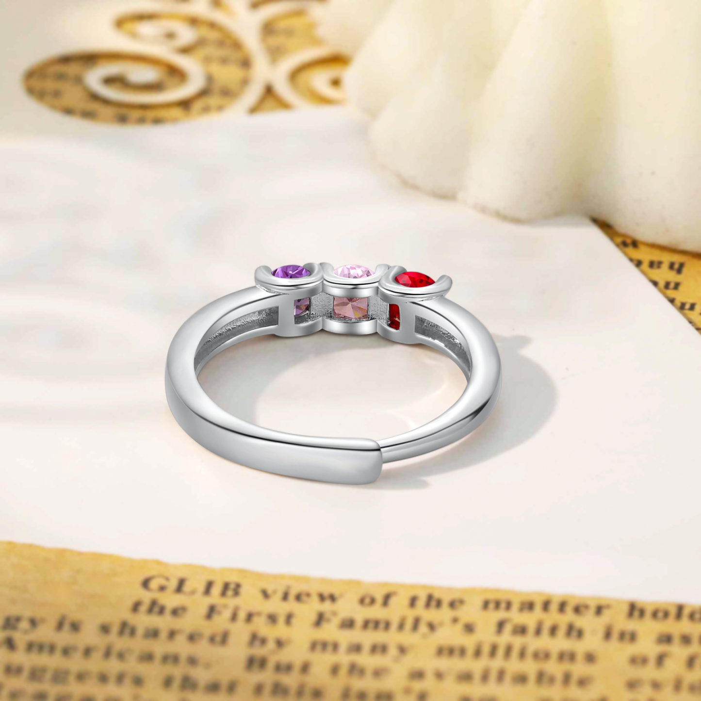 Personalised Women's Ring Customised 3 Birthstones Open Ring Birthday Gift for Women Girls-Jessemade AU