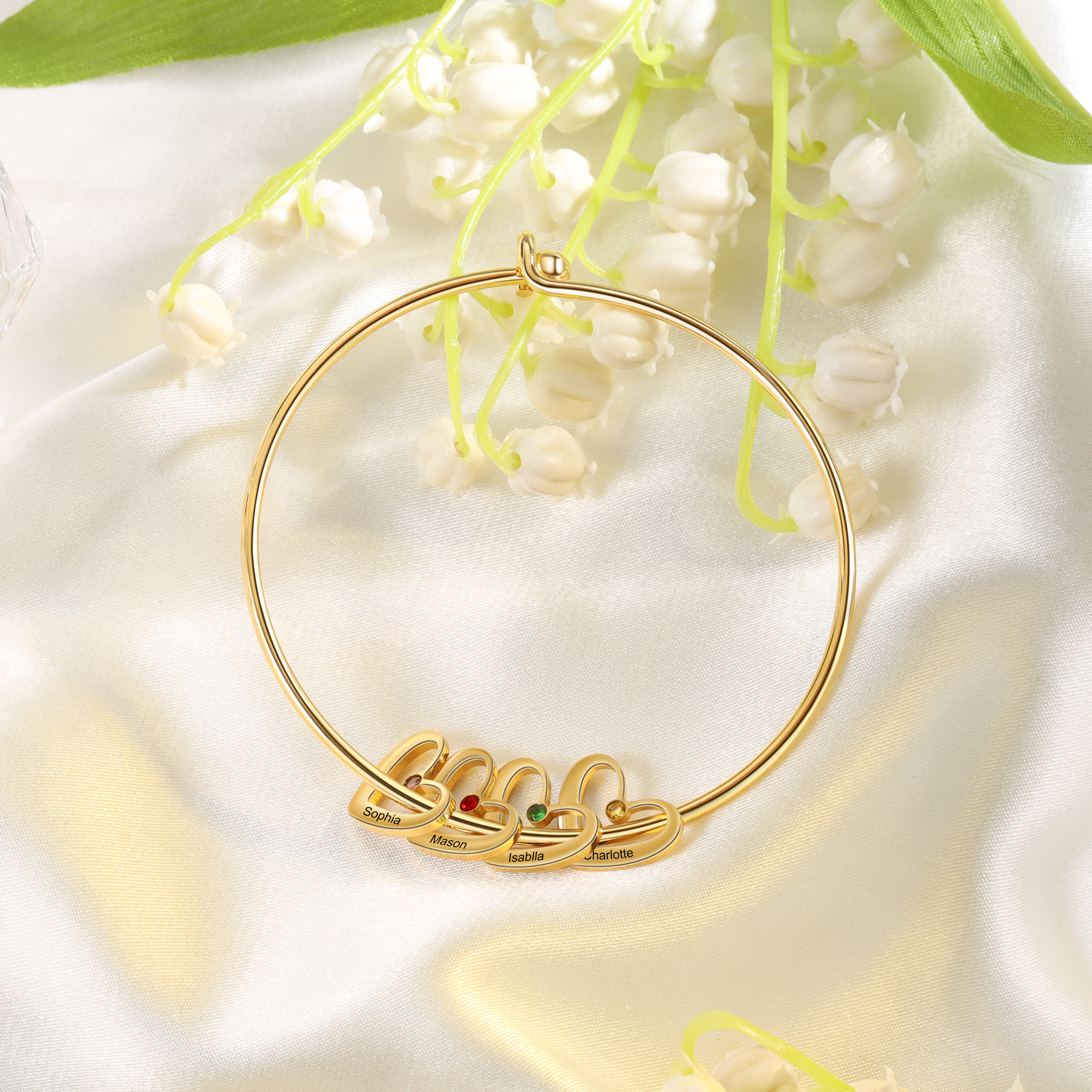Personalised Heart Bangle With 4 Names and Birthstones Bangle Bracelet Mother's Day Gifts For women-Jessemade AU