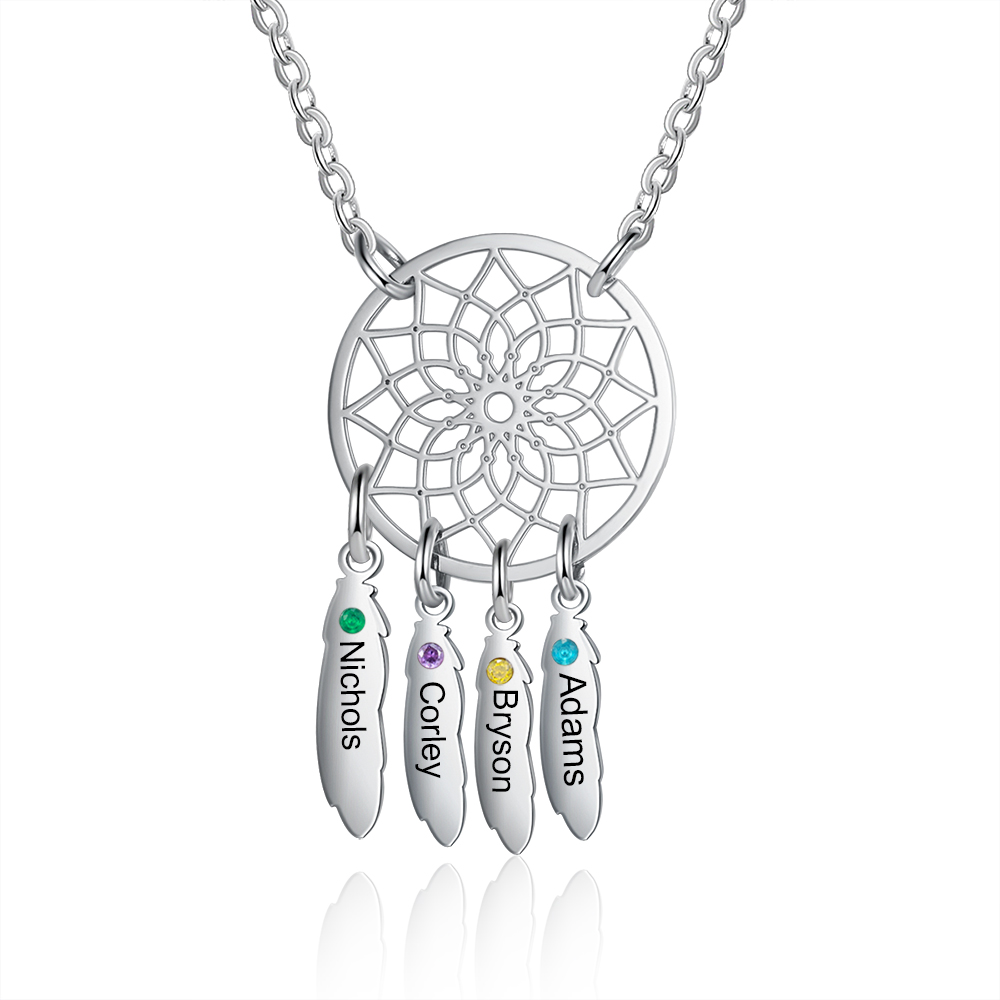 Personalised Dream Catcher Necklace With 4 Birthstones Engraved Names Gift For Women-Jessemade AU