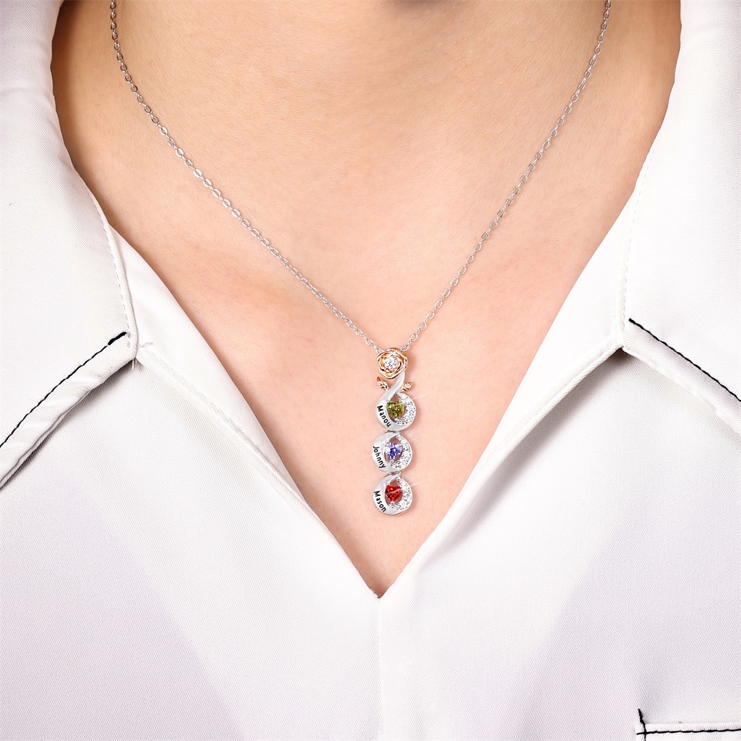 Custom Family Necklace Rose Pendant with 2 Birthstones Engraving 2 Names Gifts for Her-Jessemade AU