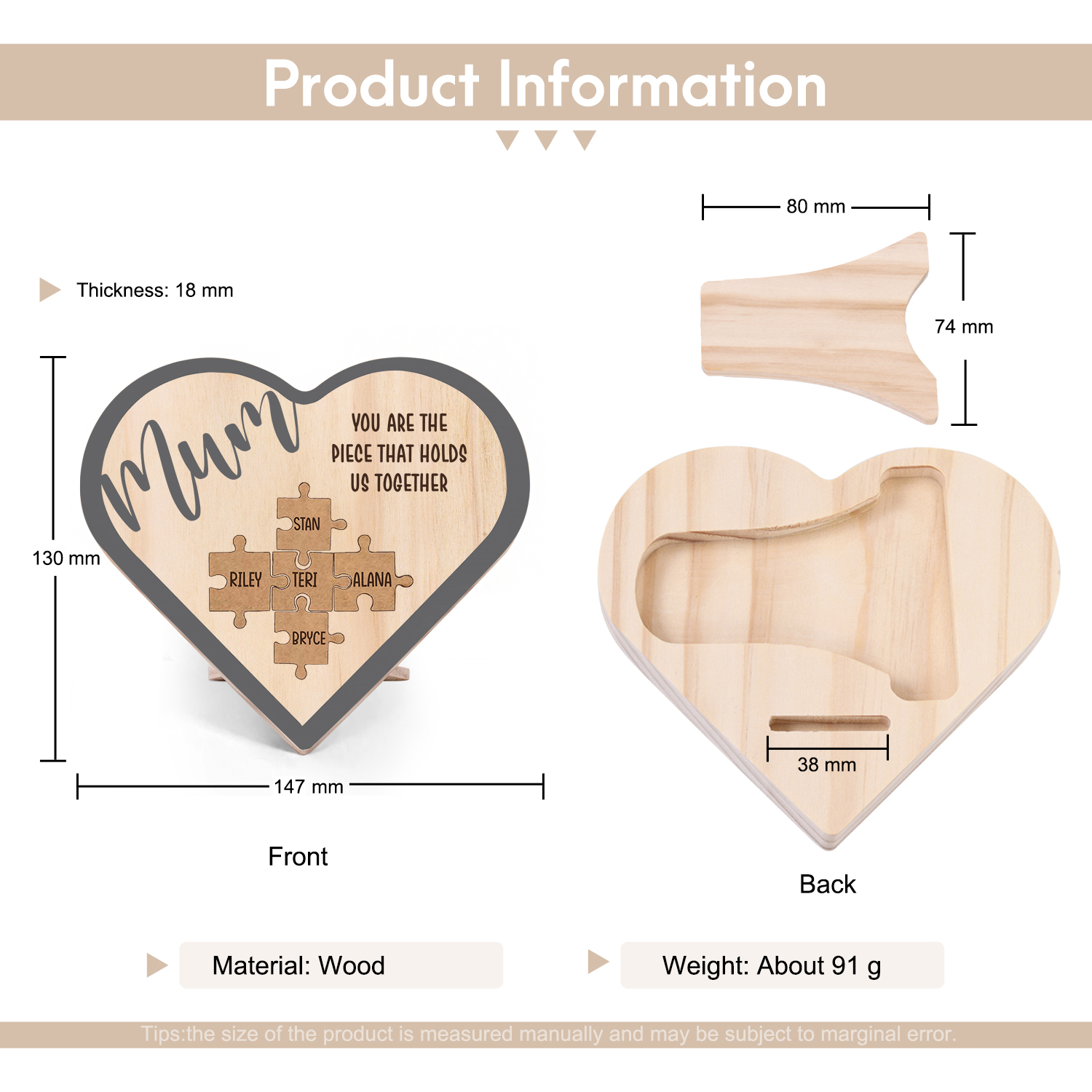 To Mum Personalised Wooden Puzzle Heart Keepsake Desktop Ornament Custom 5 Names Mothers Gifts-Jessemade AU