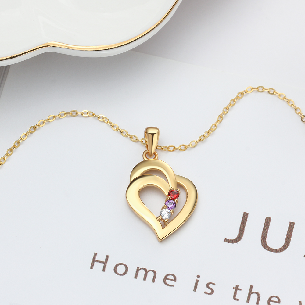 Personalised Heart Necklace With 3 Birthstones Engraved Names Gift For Her-Jessemade AU