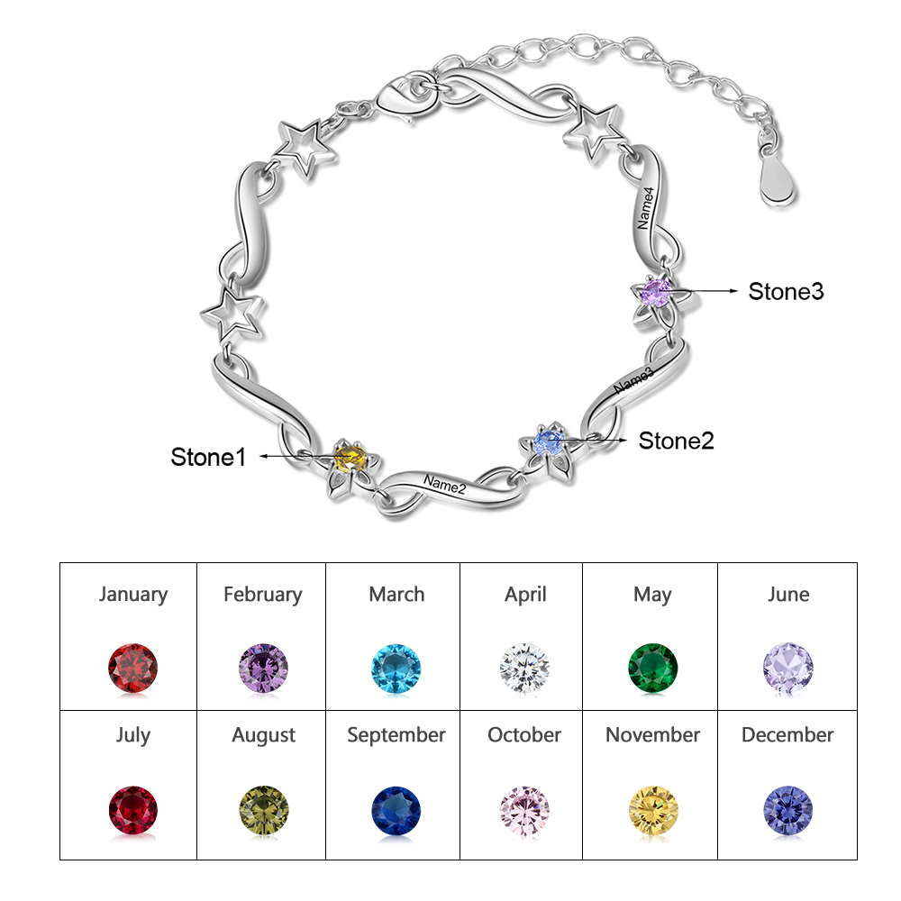 Personalised Star Bracelet With 3 Birthstones Engraved Names Bracelet Gift For Women-Jessemade AU