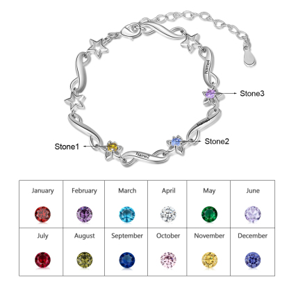 Personalised Star Bracelet With 3 Birthstones Engraved Names Bracelet Gift For Women-Jessemade AU