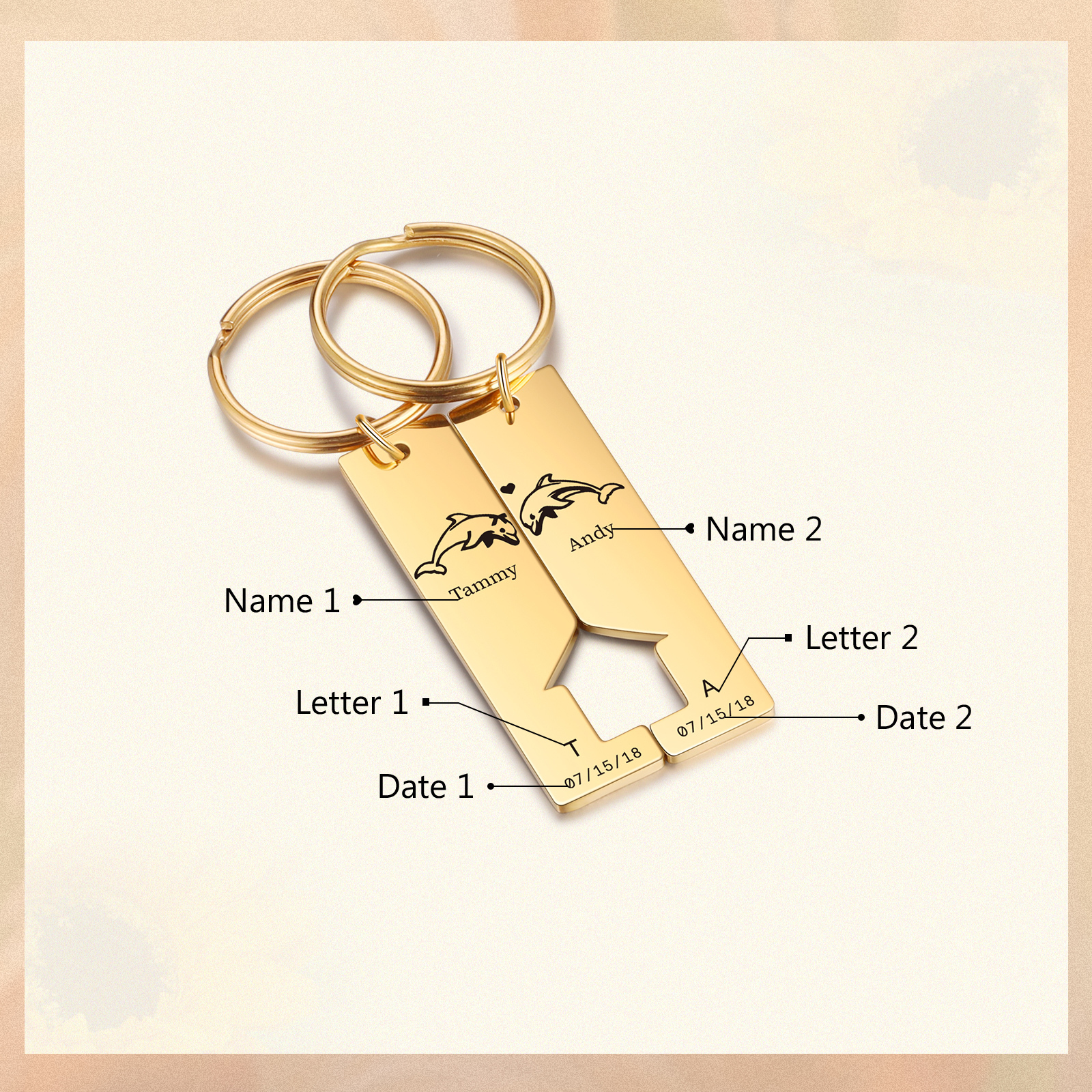 Personalised Couple Keychain Custom 2 Letters & 2 Dates & 2 Names Dolphin Keyring Valentine's Day Gift for Husband/Wife-Jessemade AU
