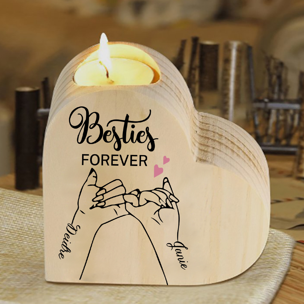 Besties Forever Wooden Candle Holder Customised 2 Names Pinky Swear Candlesticks -Jessemade AU