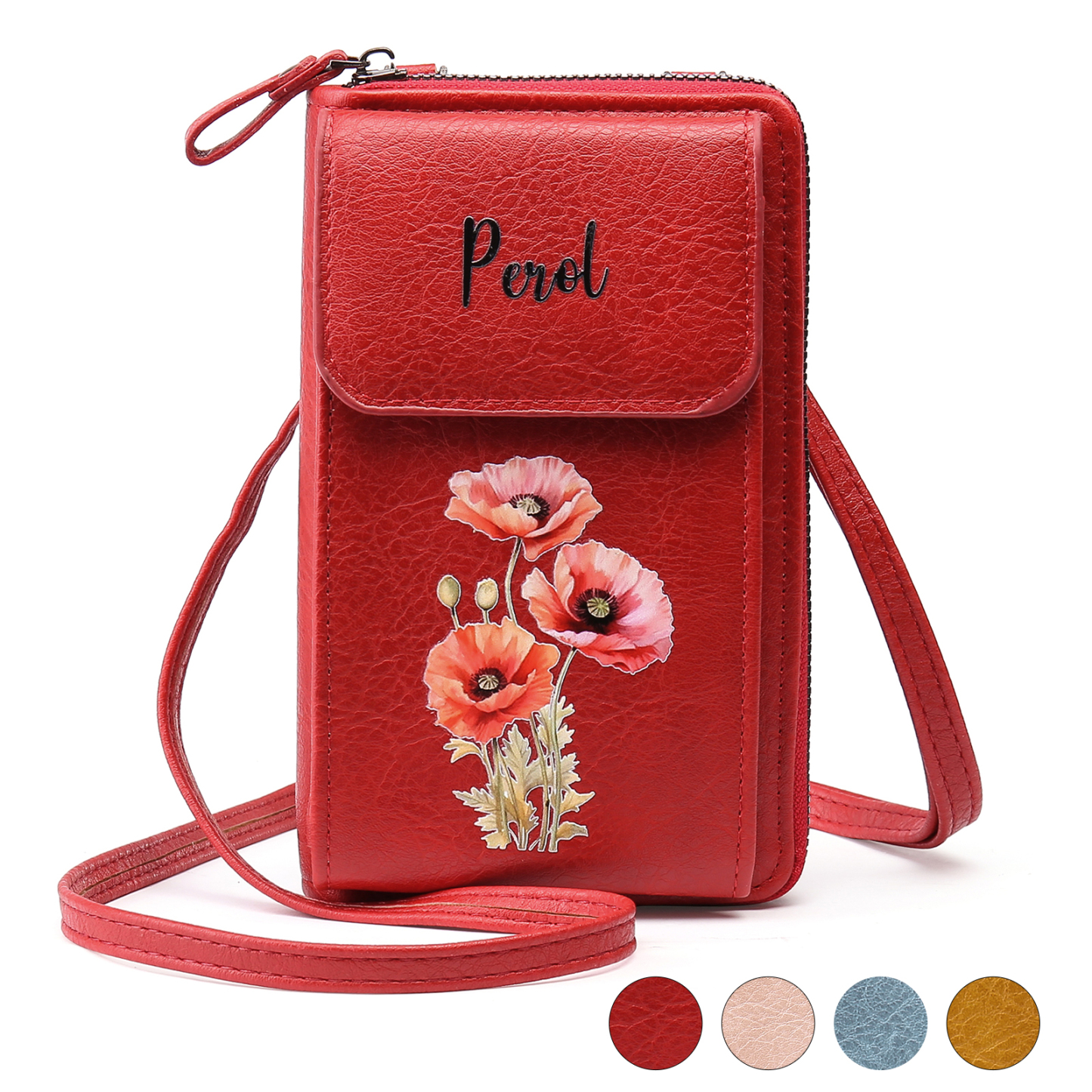 Personalised Women's Leather Wallet Custom Birthday Flower & Name Mobile Phone Wallet Zipper Crossbody Bag