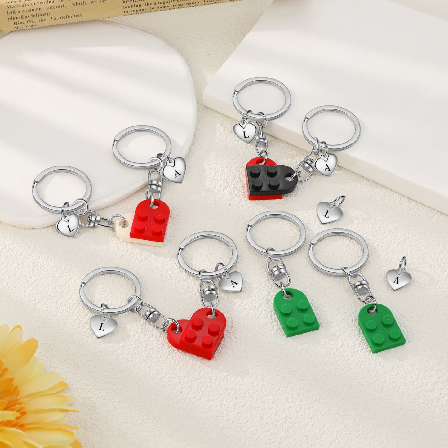 Brick Heart Keyring Set Custom 2 Letters Matching Couple Keychain Valentine's Day Gifts For Couples/Friends-Jessemade AU