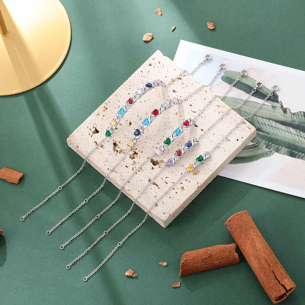 Family Custom Bracelet Heart Personalised with 2 Birthstones Gift Box Set-Jessemade AU