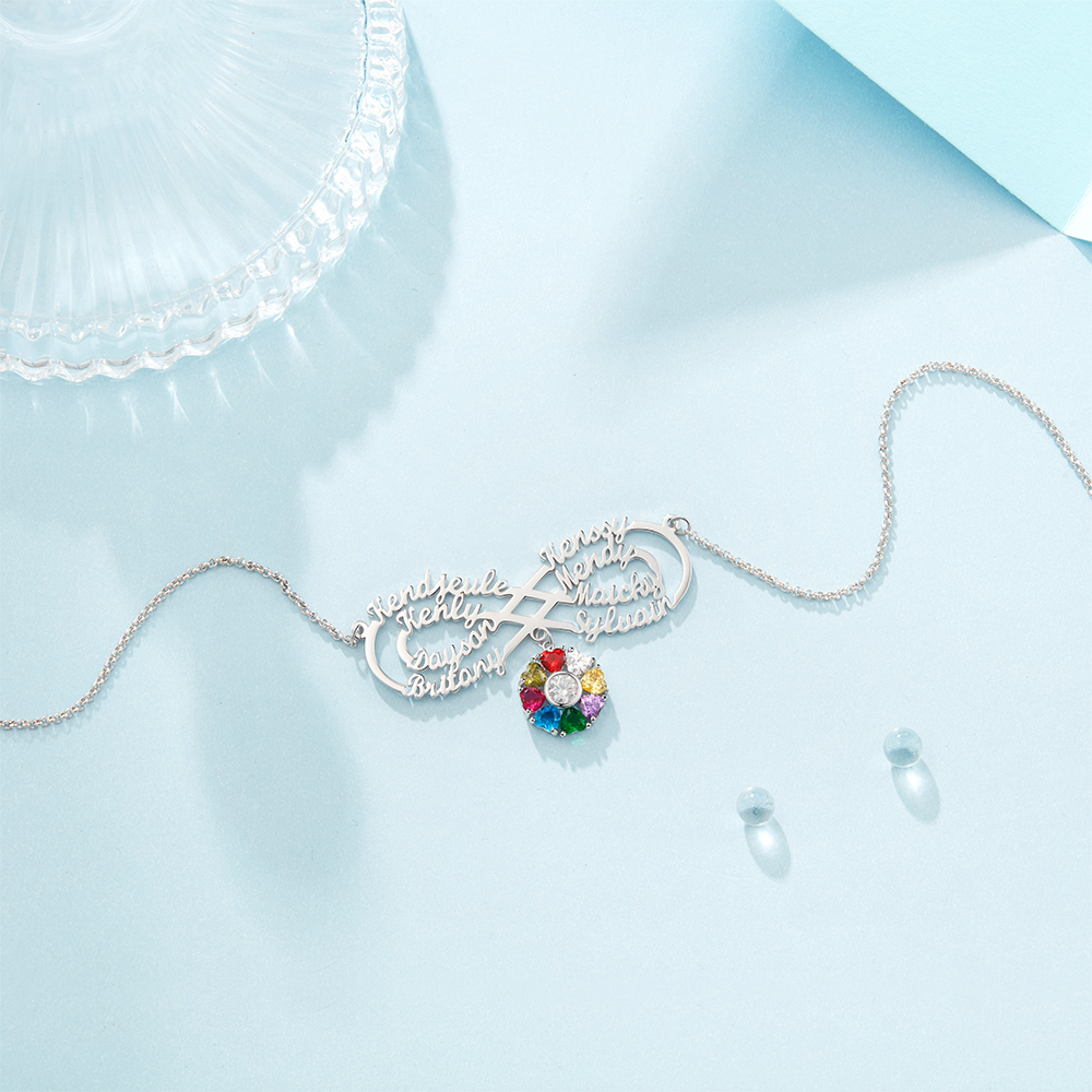 Personalised Infinity Necklace With 8 Birthstones Engraved Names Necklace Gift For Women-Jessemade AU