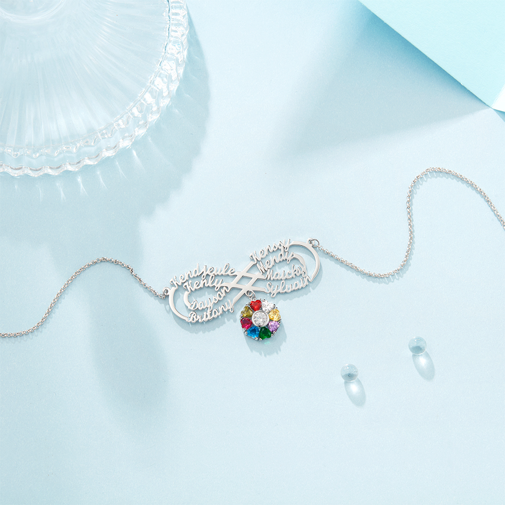 Personalised Infinity Necklace With 8 Birthstones Engraved Names Necklace Gift For Women-Jessemade AU