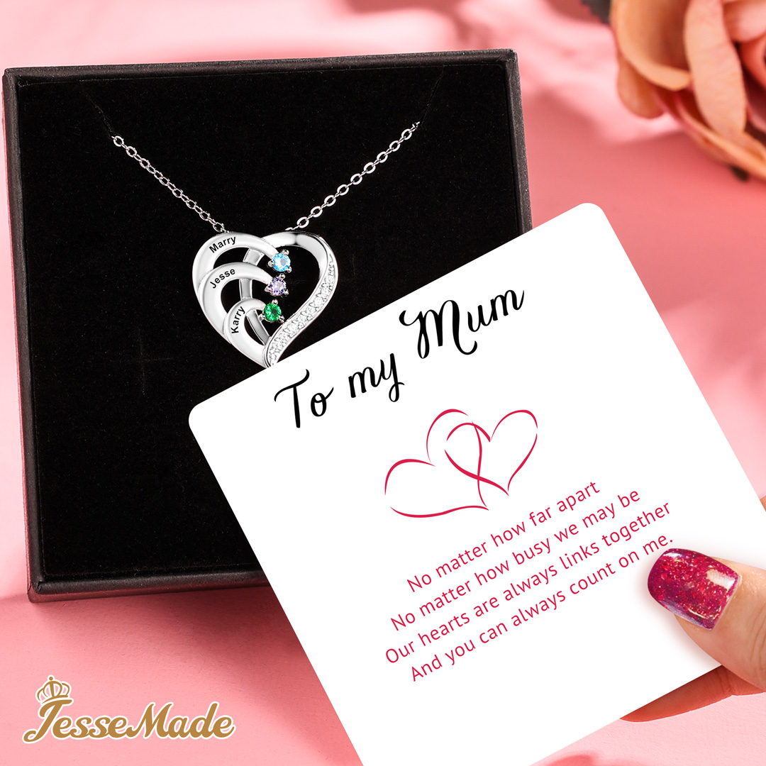Personalised Mother Necklace 2 Stones Engraved 2 Names Birthstone Intertwined Heart Pendant Gifts for Her-Jessemade AU