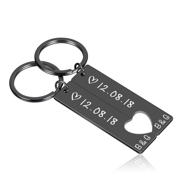 To My Man/My Love Heart Keychain Set Personalised Date Initial Keyring Matching Couple Gifts-Jessemade AU