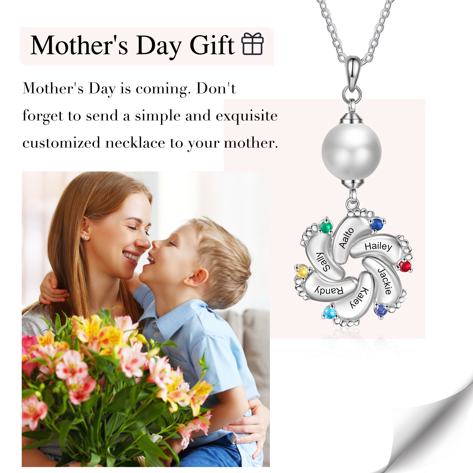 Personalised Baby Feet Pearl Necklace Custom 6 Names & Birthstones Mother Necklace-Jessemade AU