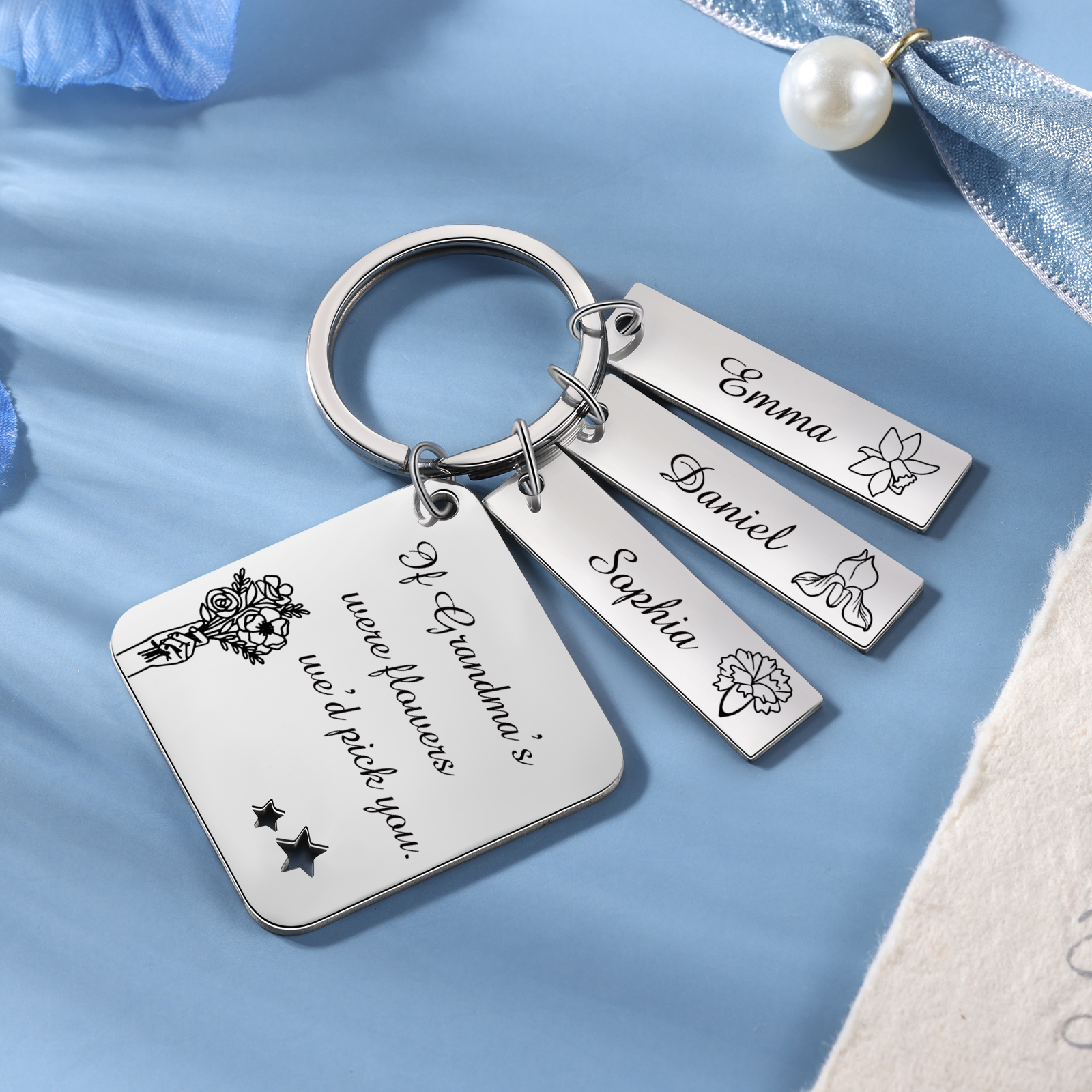 Personalised 3 Names & 3 Birth Flowers Keychain Custom Text Family Keychain Gifts for Mother/Grandma-Jessemade AU