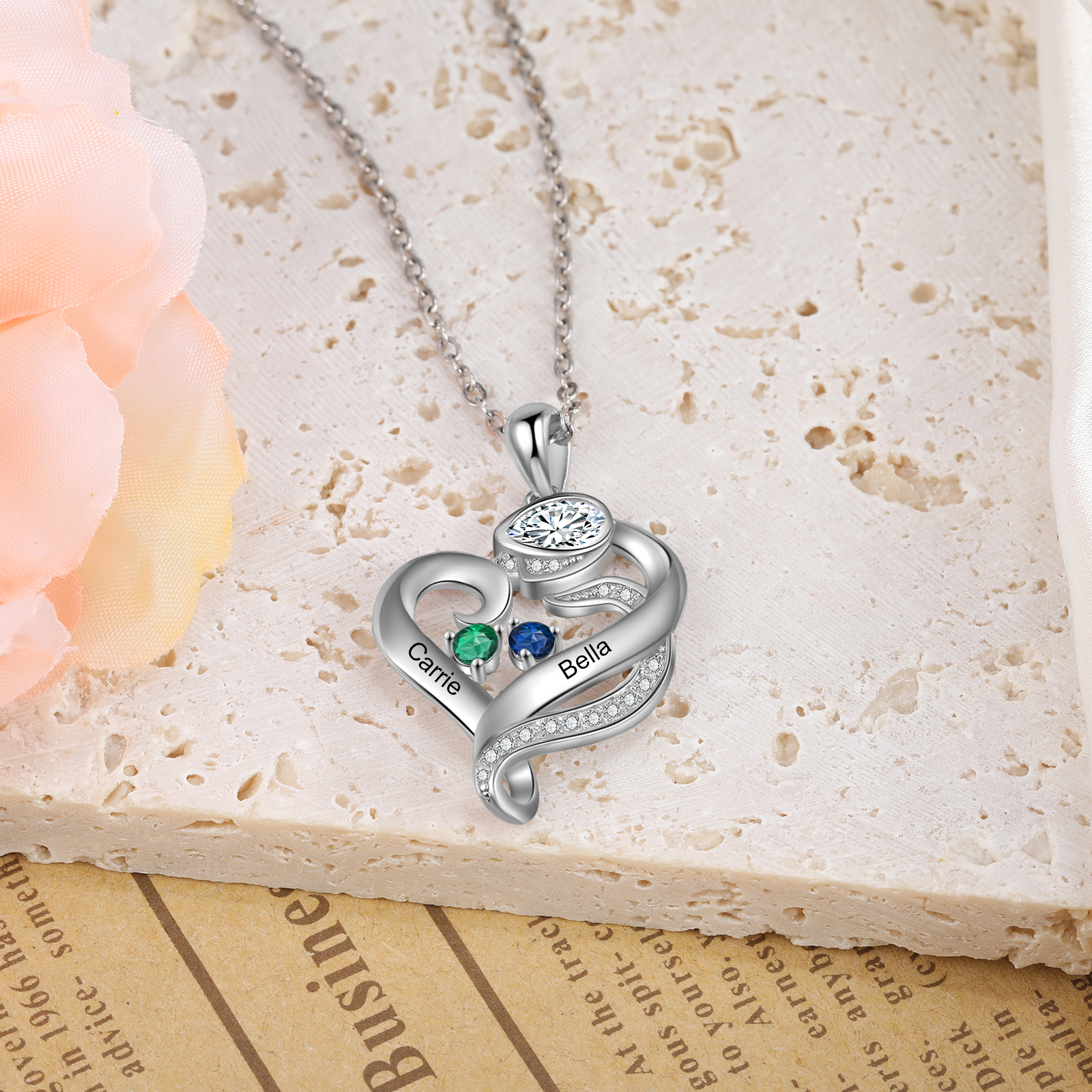Personalised Flower Heart Necklace With 2 Birthstones Custom Names Necklace Gift For Her-Jessemade AU
