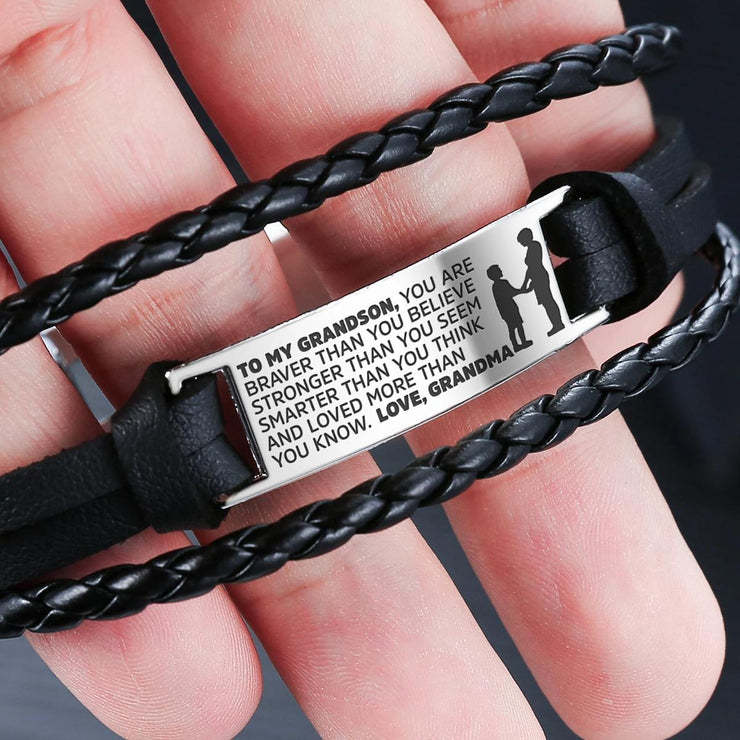 To My Son/Grandson, Leather Braided Men's Bracelet, You Are Braver Than You Believe Inspirational Bracelet Gifts For Him-Jessemade AU